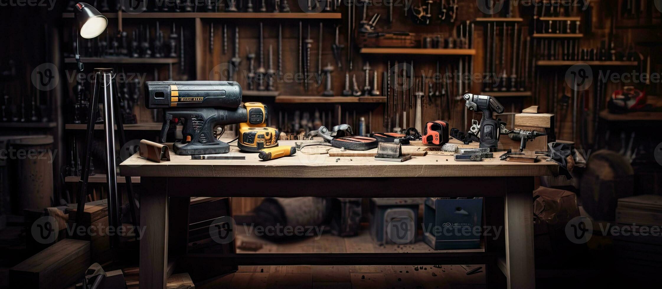 interior de un taller con un perforar en un escritorio foto