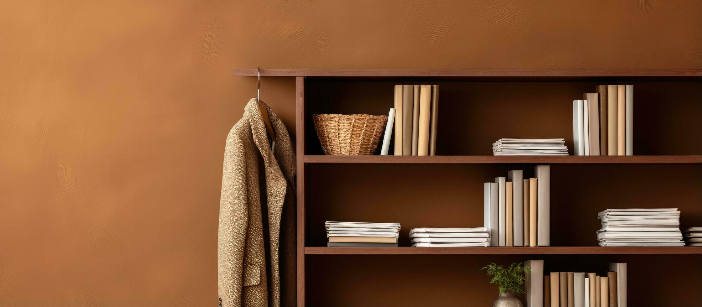 A defocused background with a brown coat and books hanging is part of a simple wardrobe photo