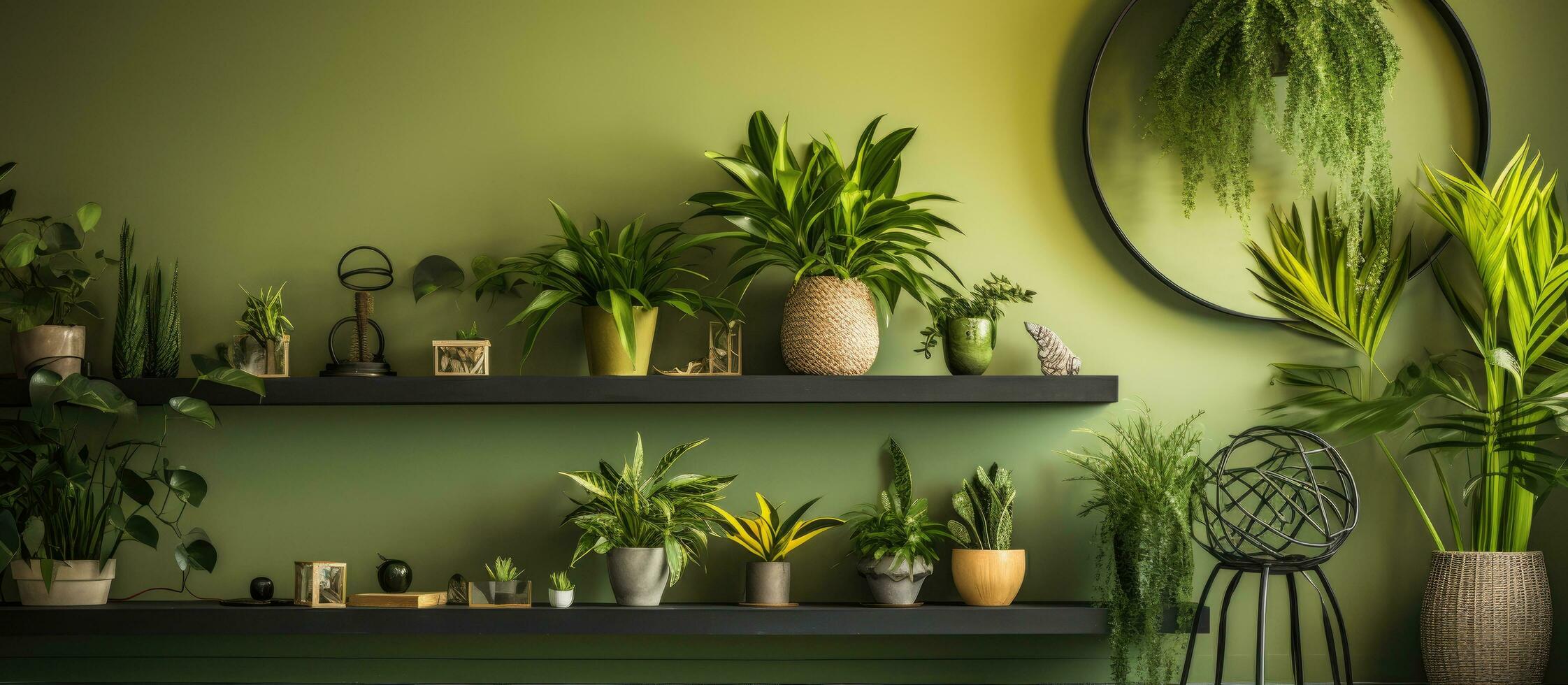 Indoor plants on a shelf mirror decorative details Home gardening interior design Biophilic urban jungle concept photo