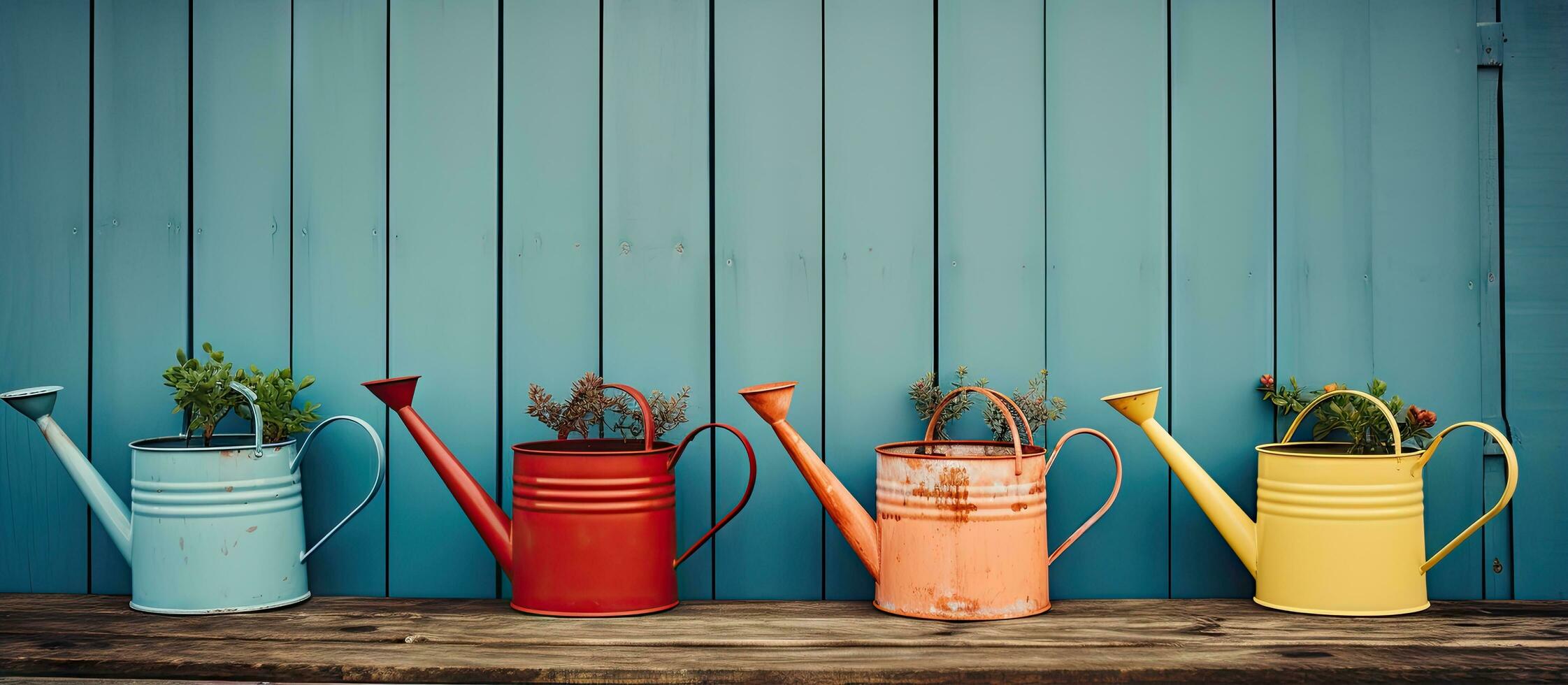 Four old watering cans on a shed roof photo