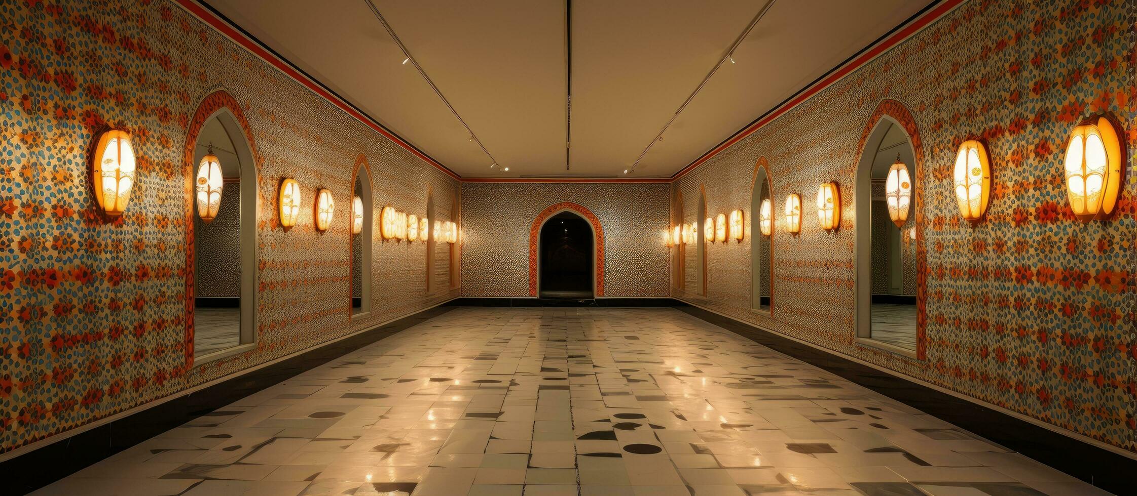 Corridor of a Turkish house adorned with ceramic floor and ceiling lights photo