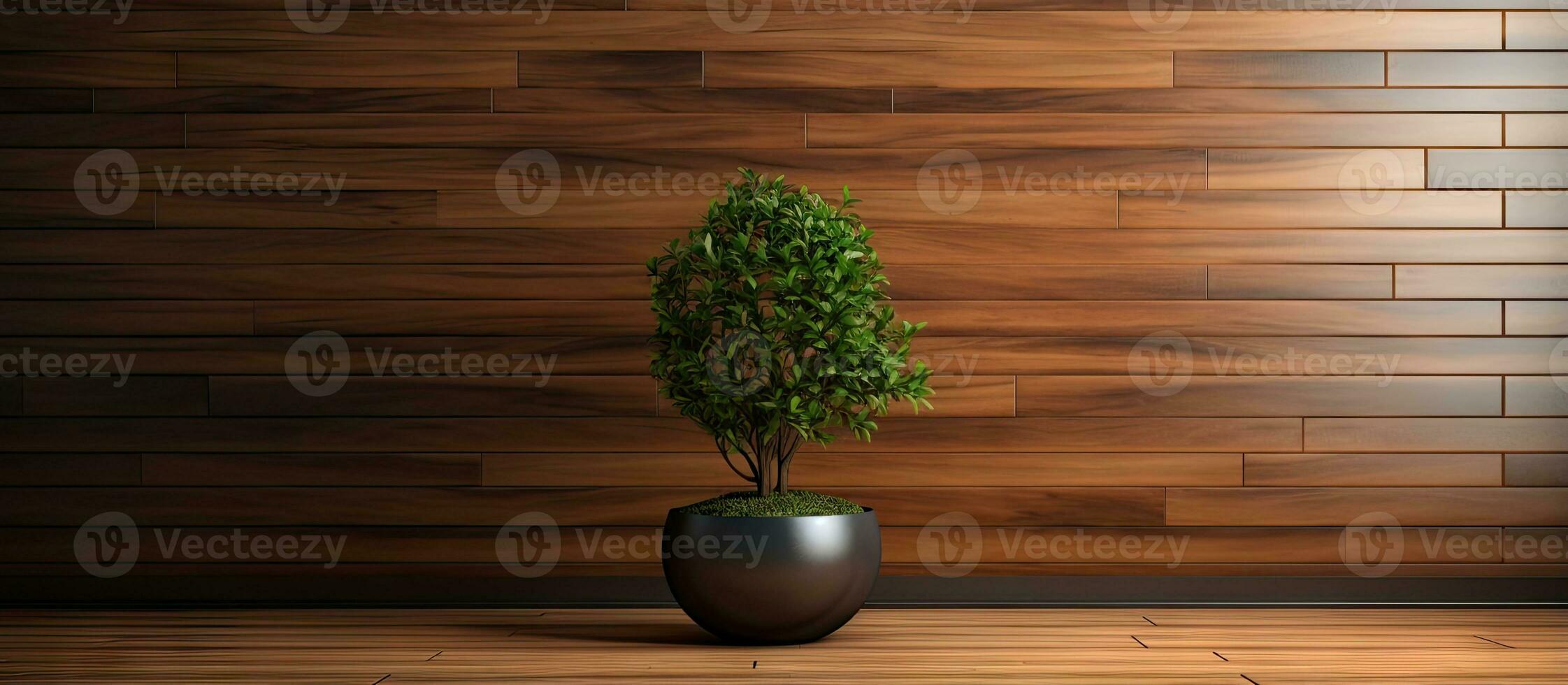 Wooden walled interior with a tiny green tree in a pod offering empty area for text photo