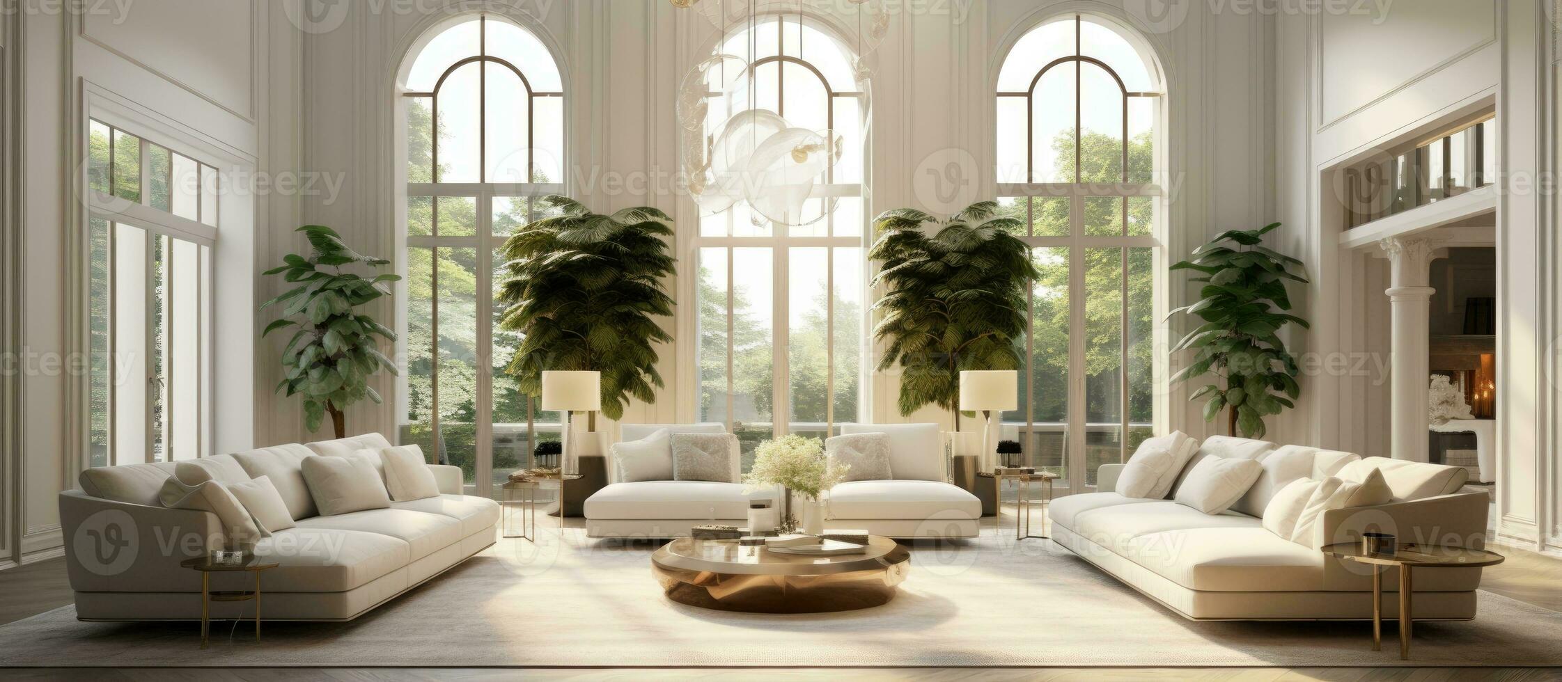 Computer generated a spacious and contemporary living room with bright interiors showcasing luxury photo