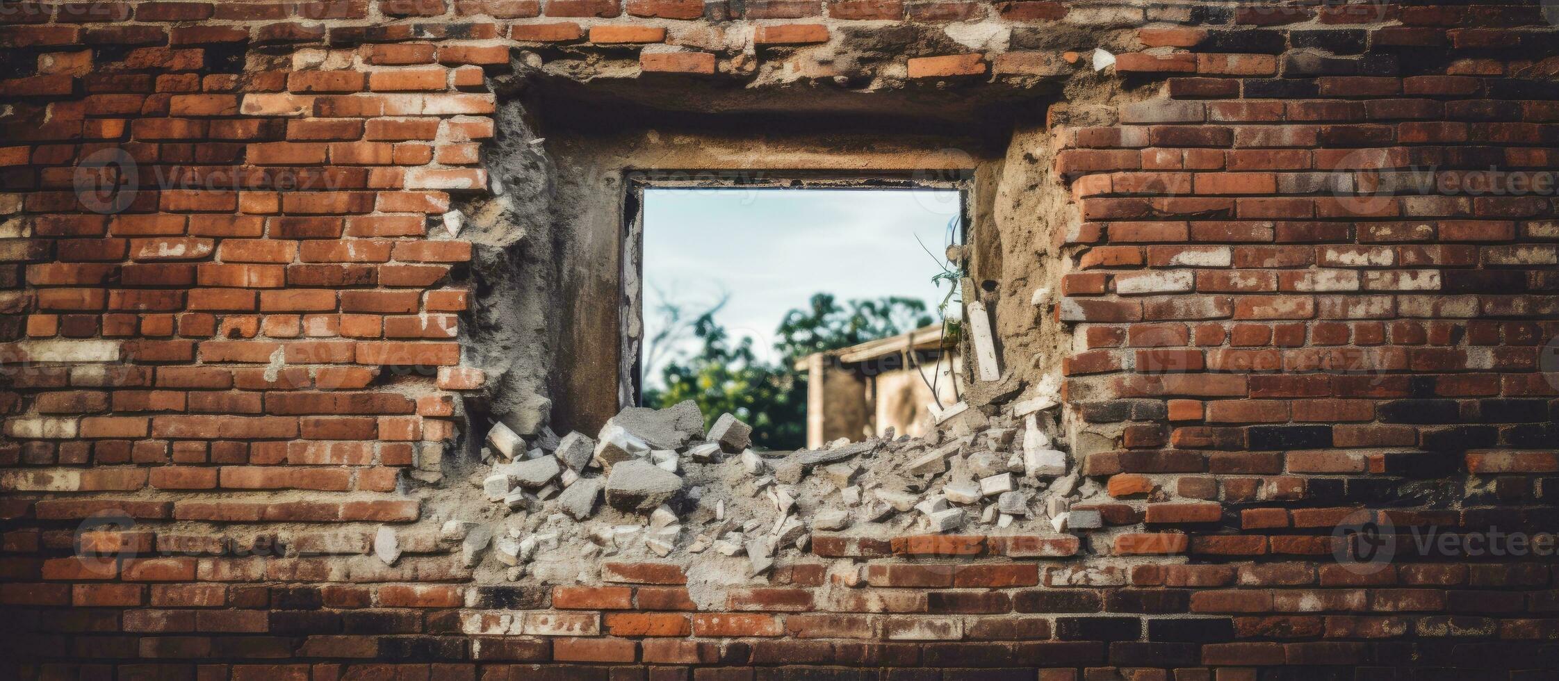 A damaged window amidst bricks photo