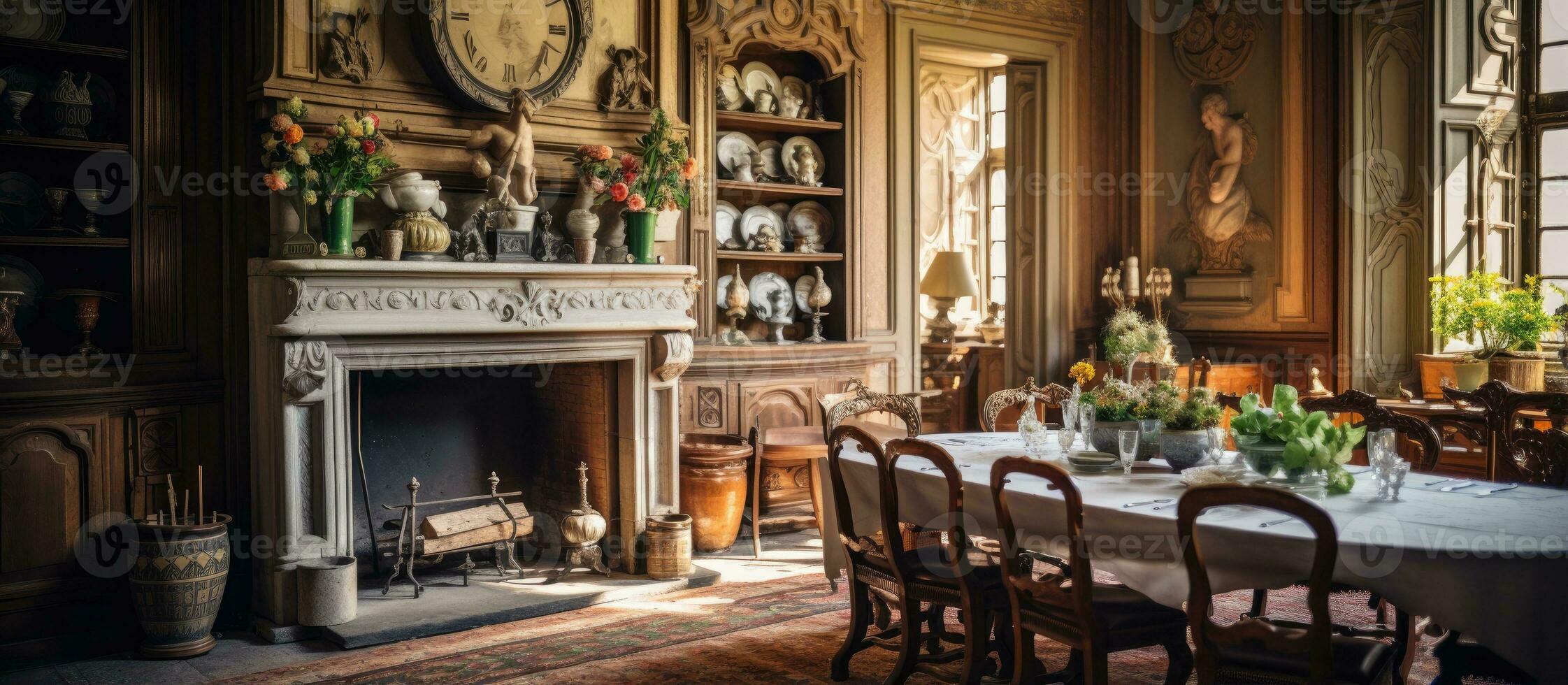 interior de un francés castillo comida habitación con Clásico hogar de madera techo y antiguo utensilios foto