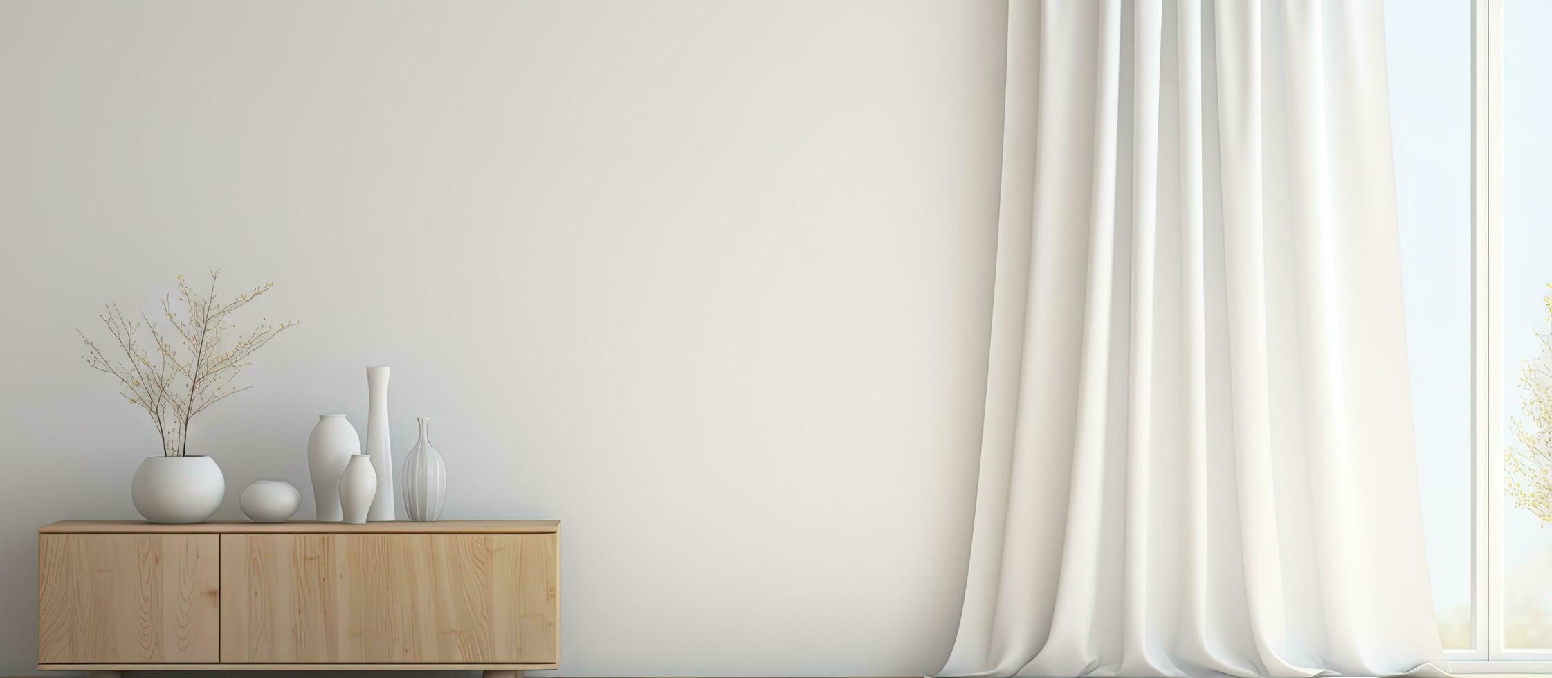 minimalista blanco habitación con vestidor de madera piso decoración en pared ventana con cortinas y nórdico interior foto