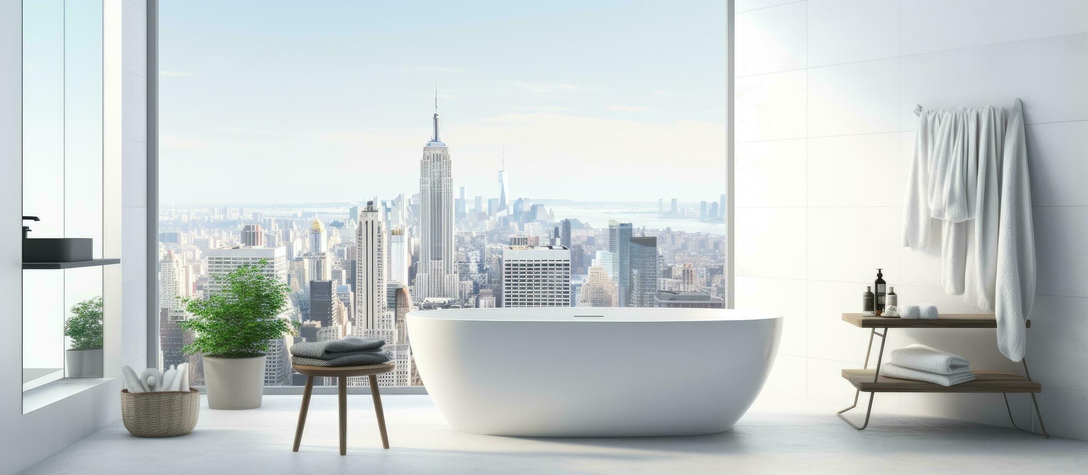 ed brillante baño con bañera taburete toalla champú panorámico ventana ciudad rascacielos ver blanco paredes hormigón loseta piso foto