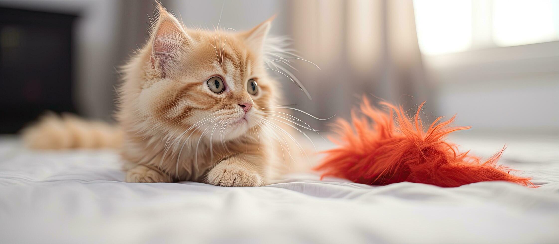 británico chinchilla gato a hogar en un blanco cama jugando con un juguete pluma mirando linda foto