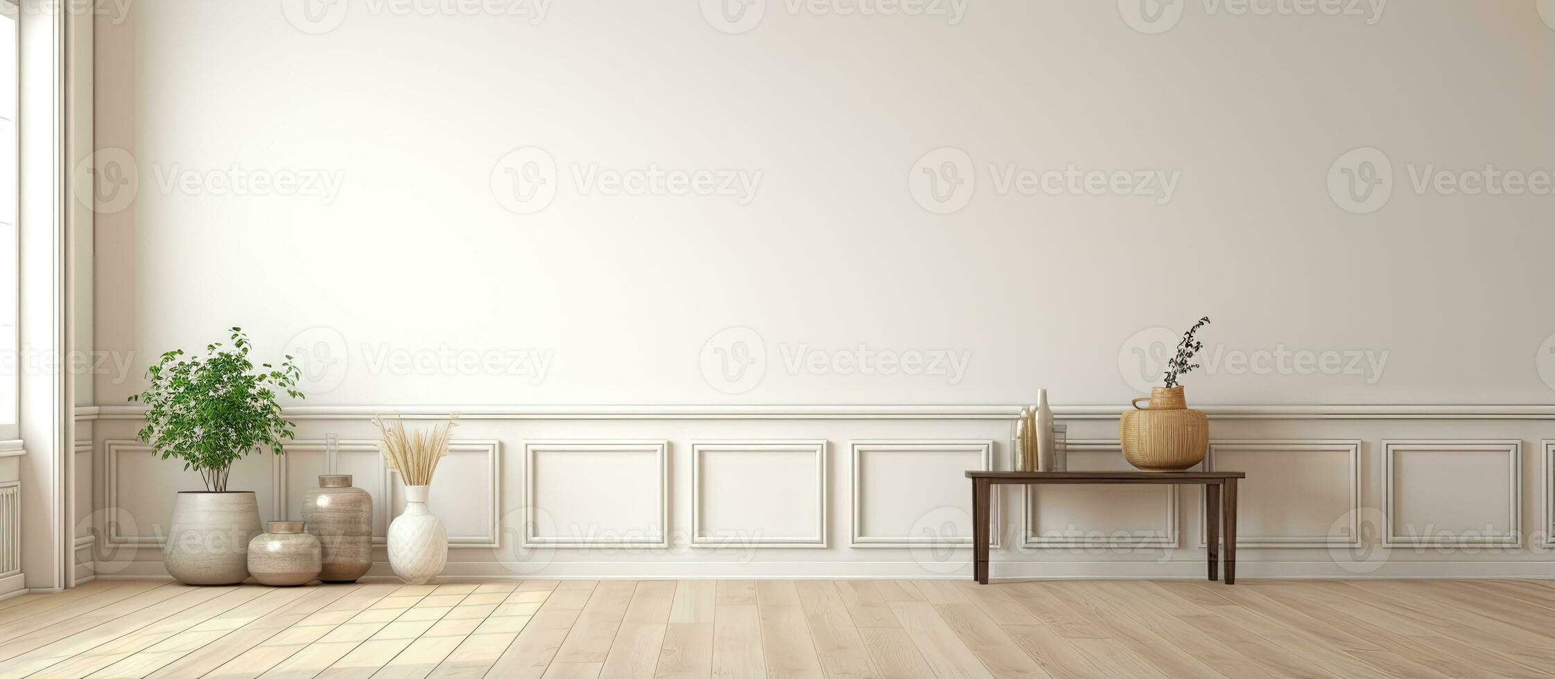 empty living room with vintage oak floor and striped vinyl wallpaper photo