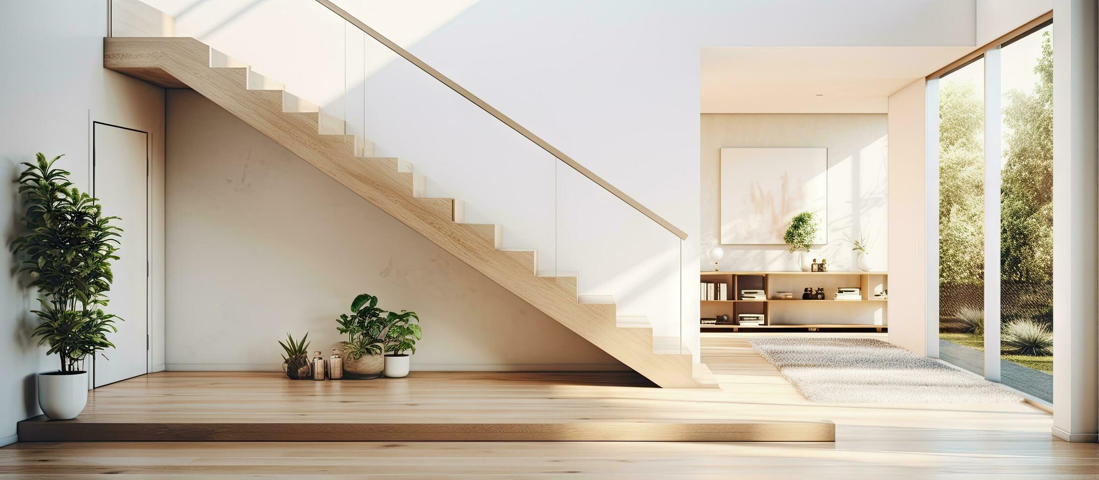 A modern house with white walls has a staircase in a spacious hallway that leads to a glass door photo