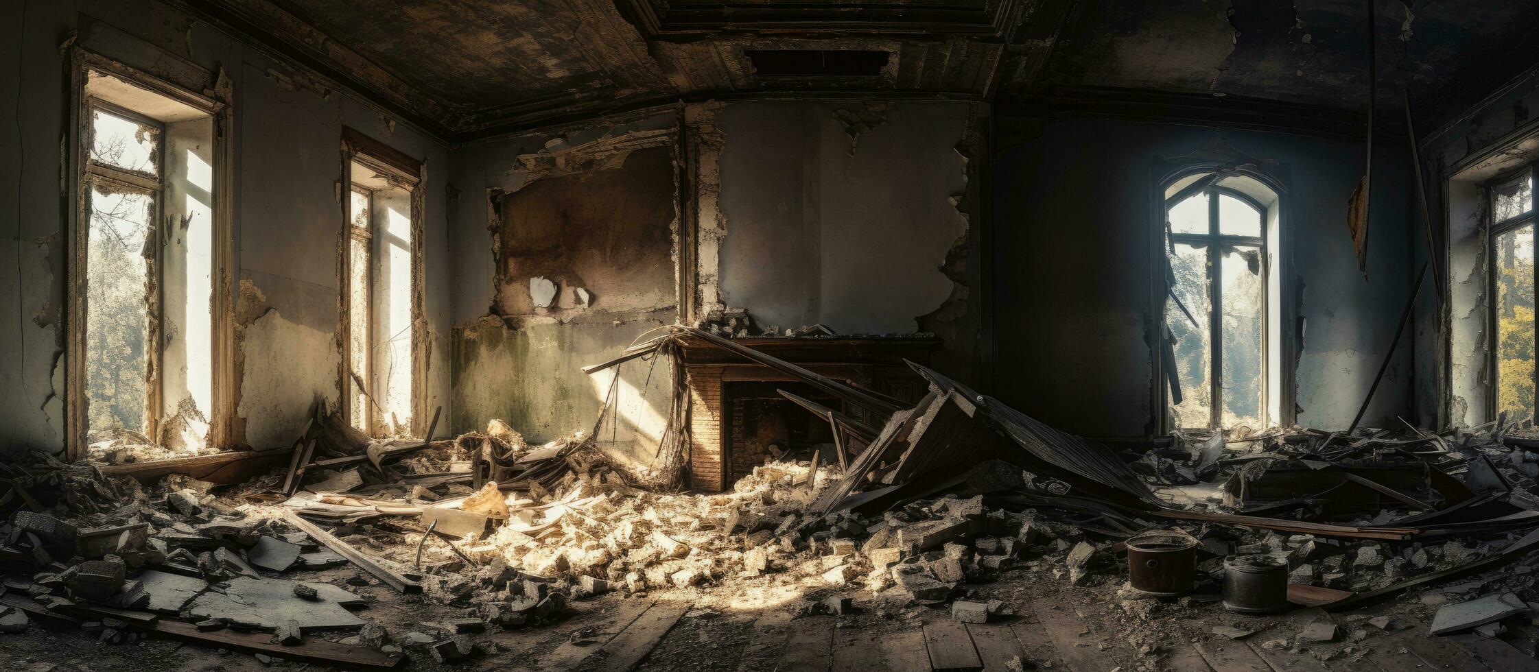 Interior of abandoned old house destroyed photo