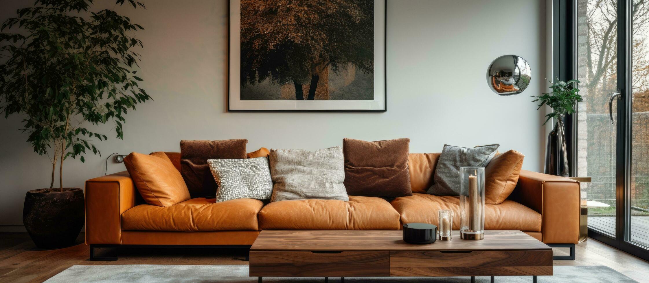 A comfortable lounge area with a large trendy couch photo