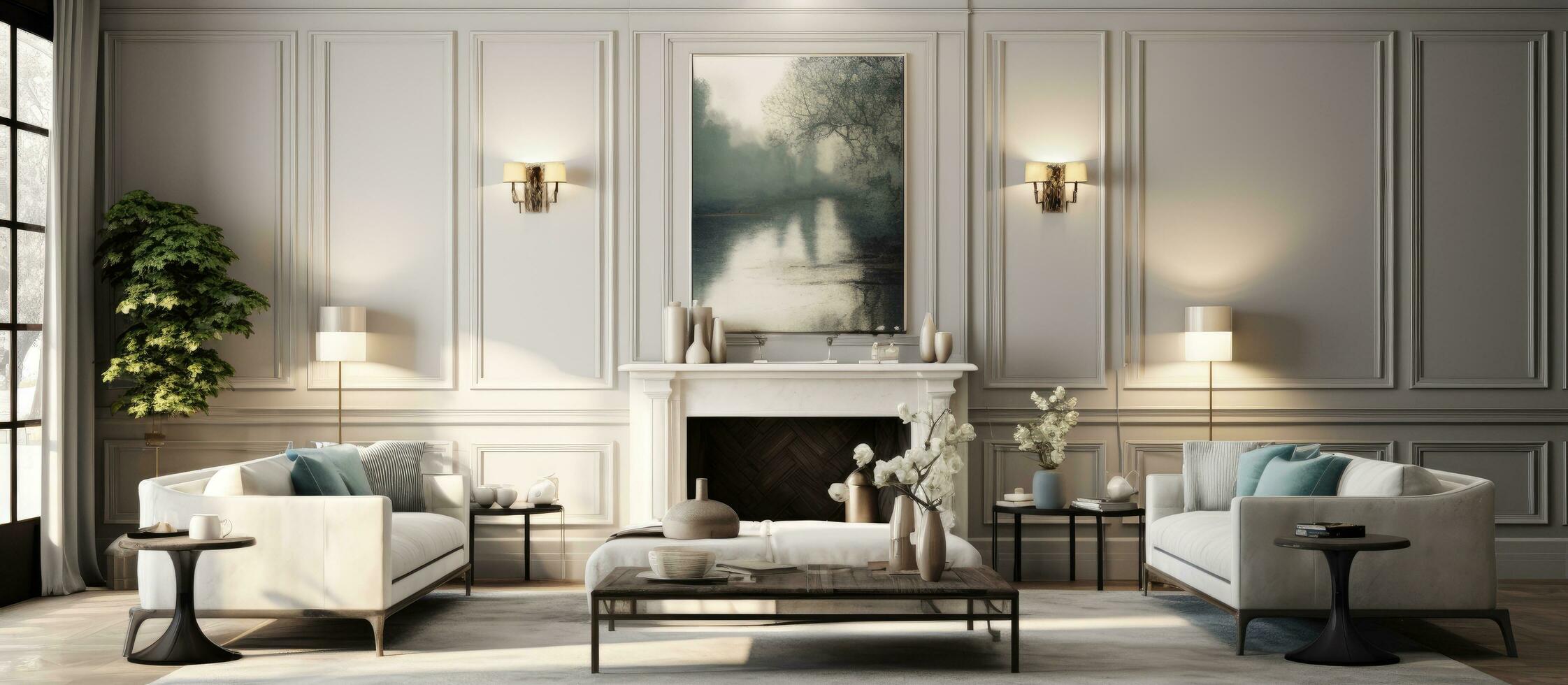 depiction of a contemporary living room design in modern classics style shown without textures and shaders photo