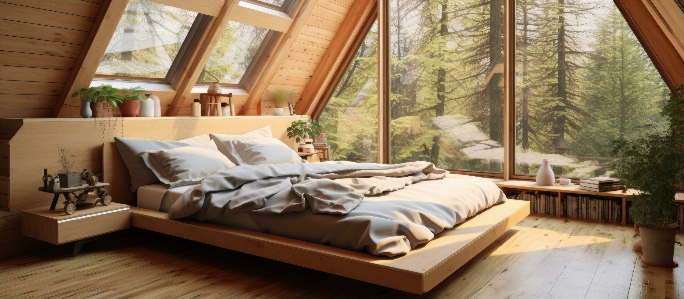 Wooden cabin with a double bed on carpeted floor pyramid shaped bungalow small room with angled walls window lighting neatly made bed and handmade wooden interior photo