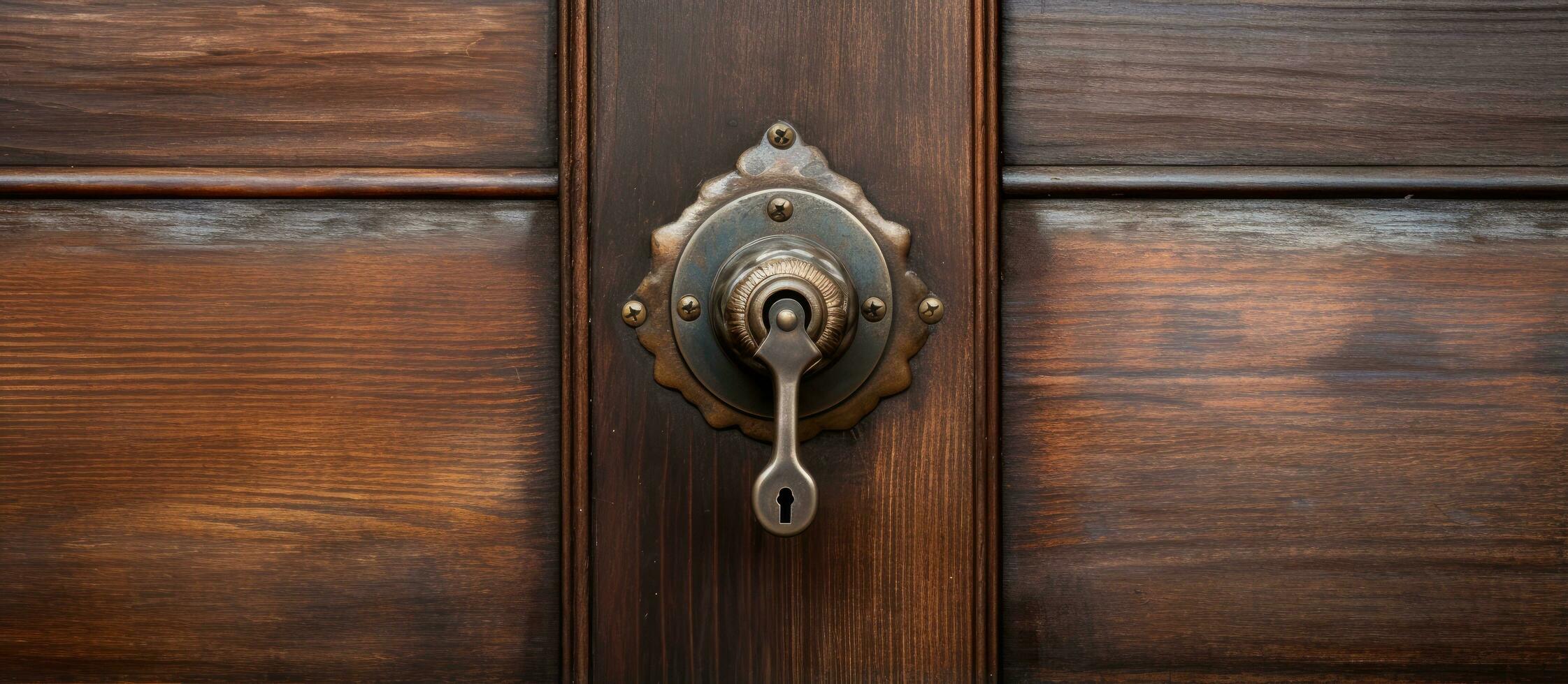 Close up of wooden door with keyhole and doorknob visible photo