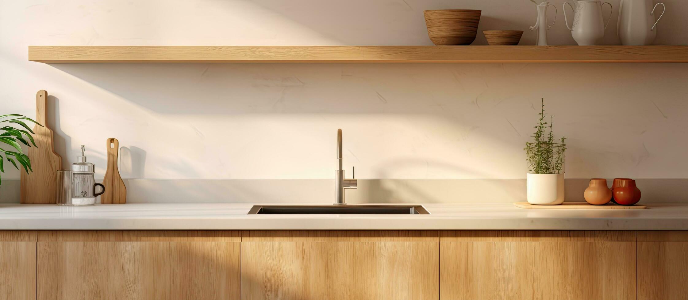 Kitchen with wooden cabinets cupboards and sink stocked with kitchenware photo