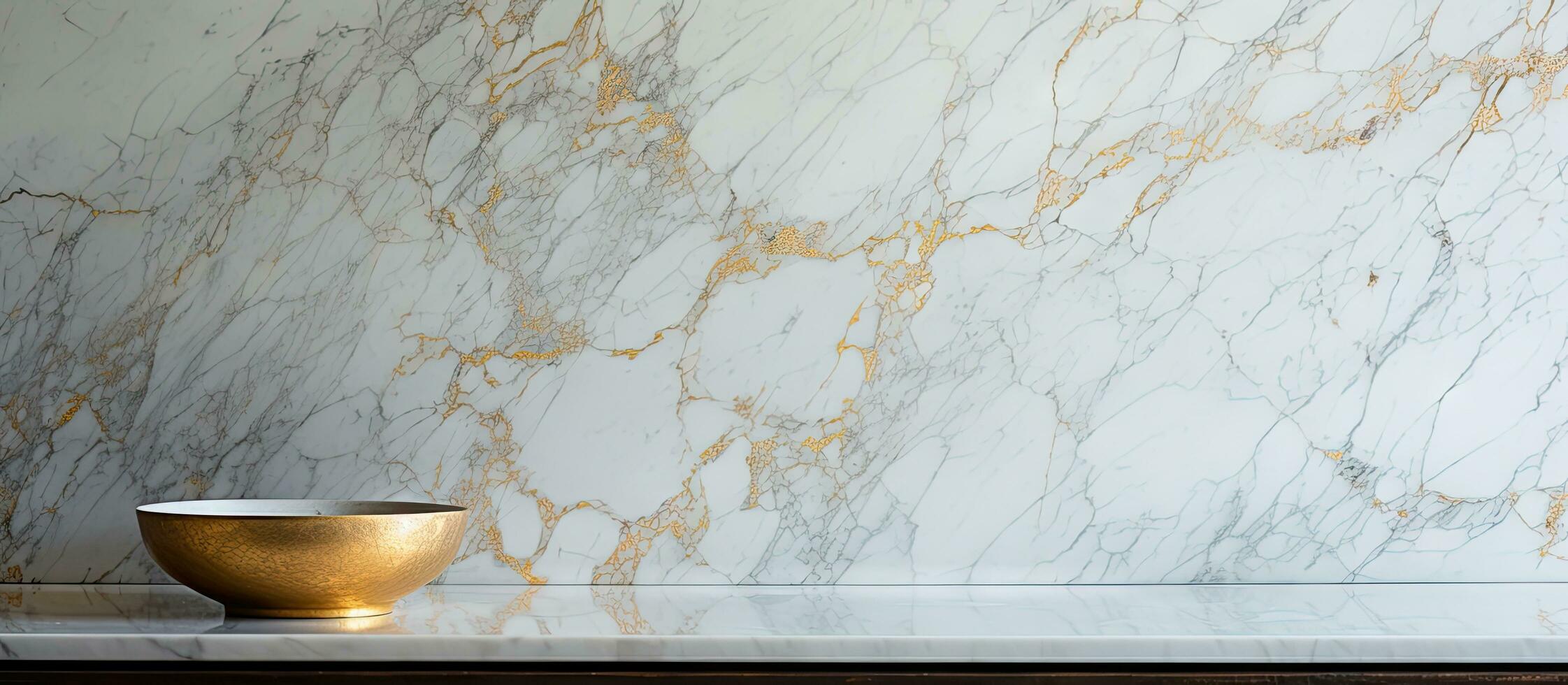 Marble backsplash with gold rim bowl and frame detail photo