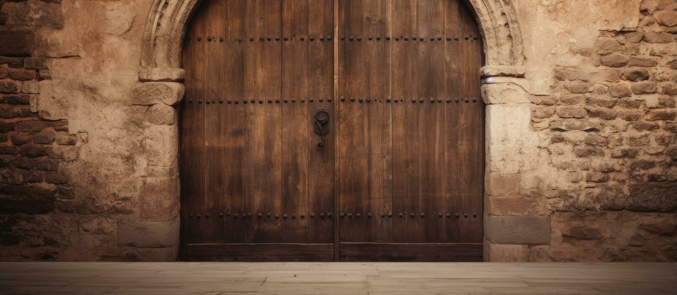 Antique door made of brown wood photo