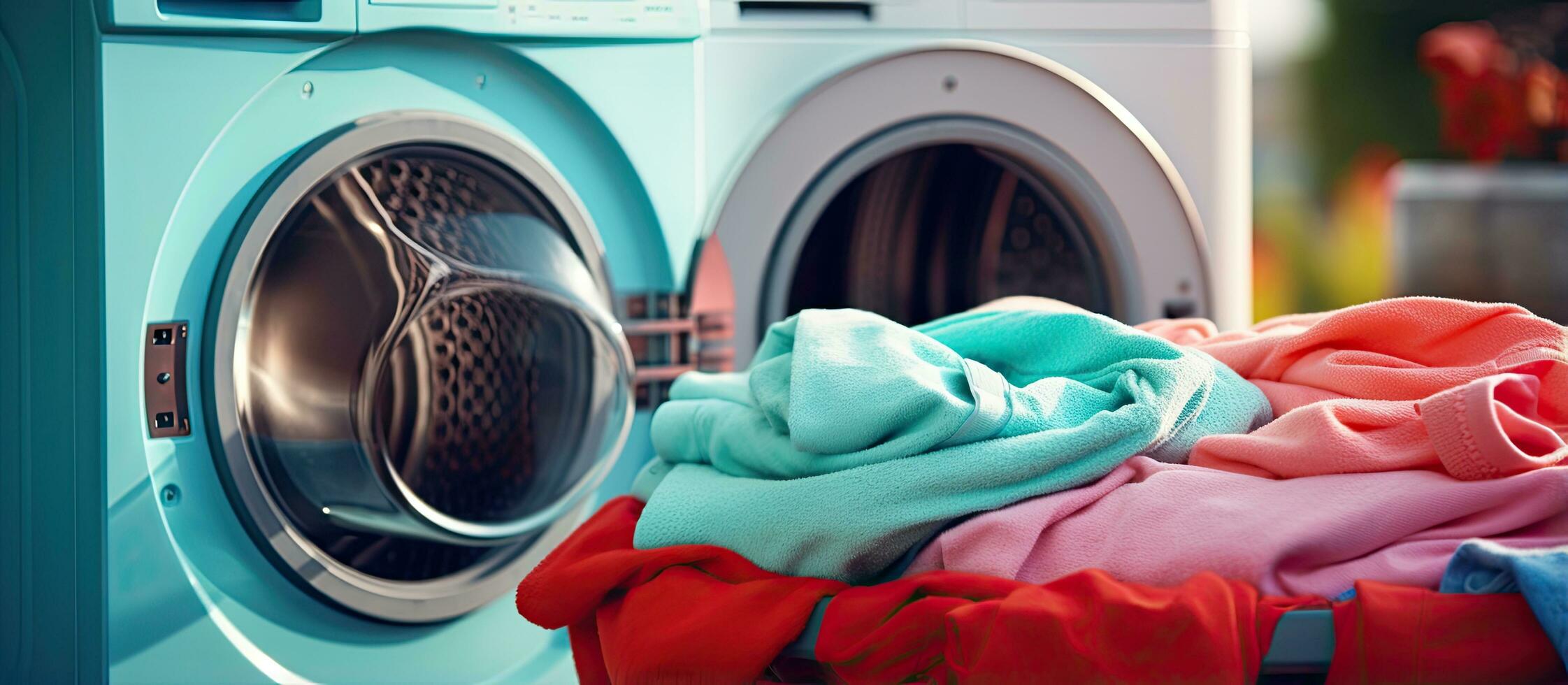 Washing machine filled with colorful towels and laundry door open photo