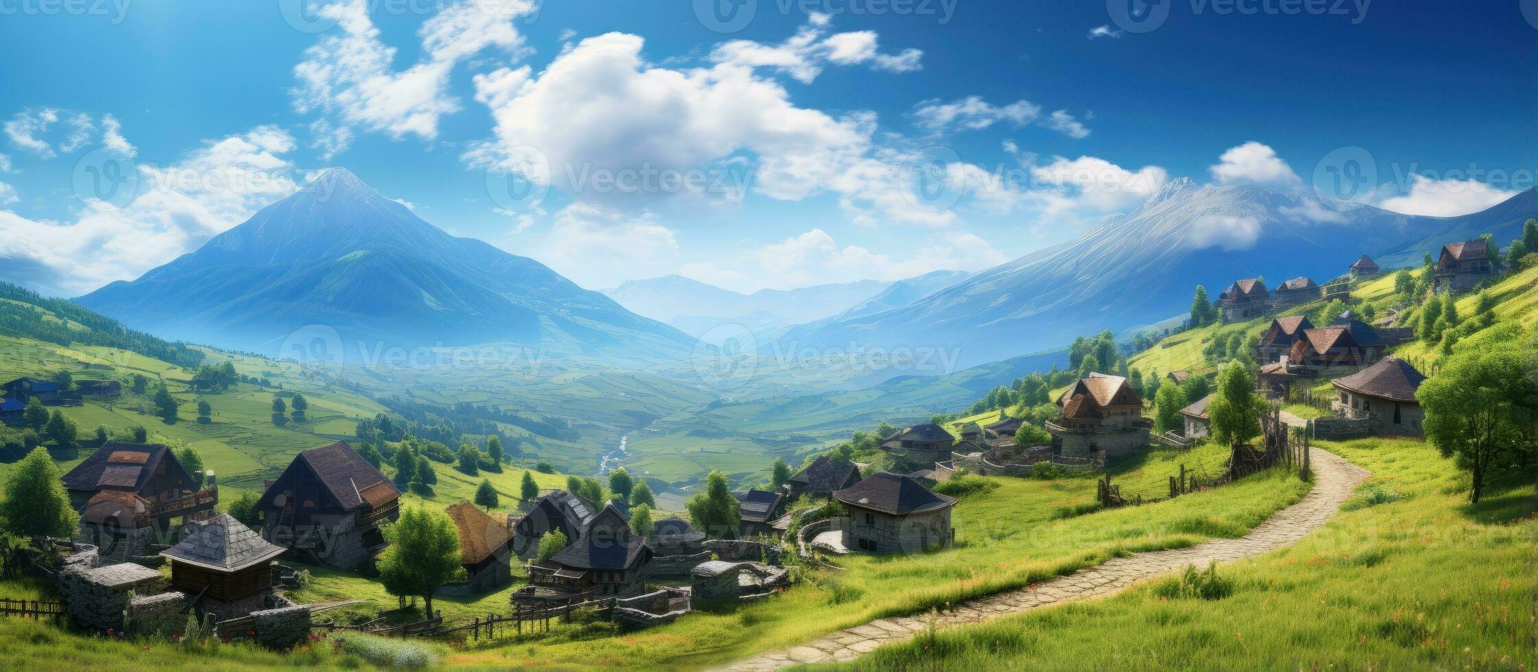 Village in mountains on a sunny day photo
