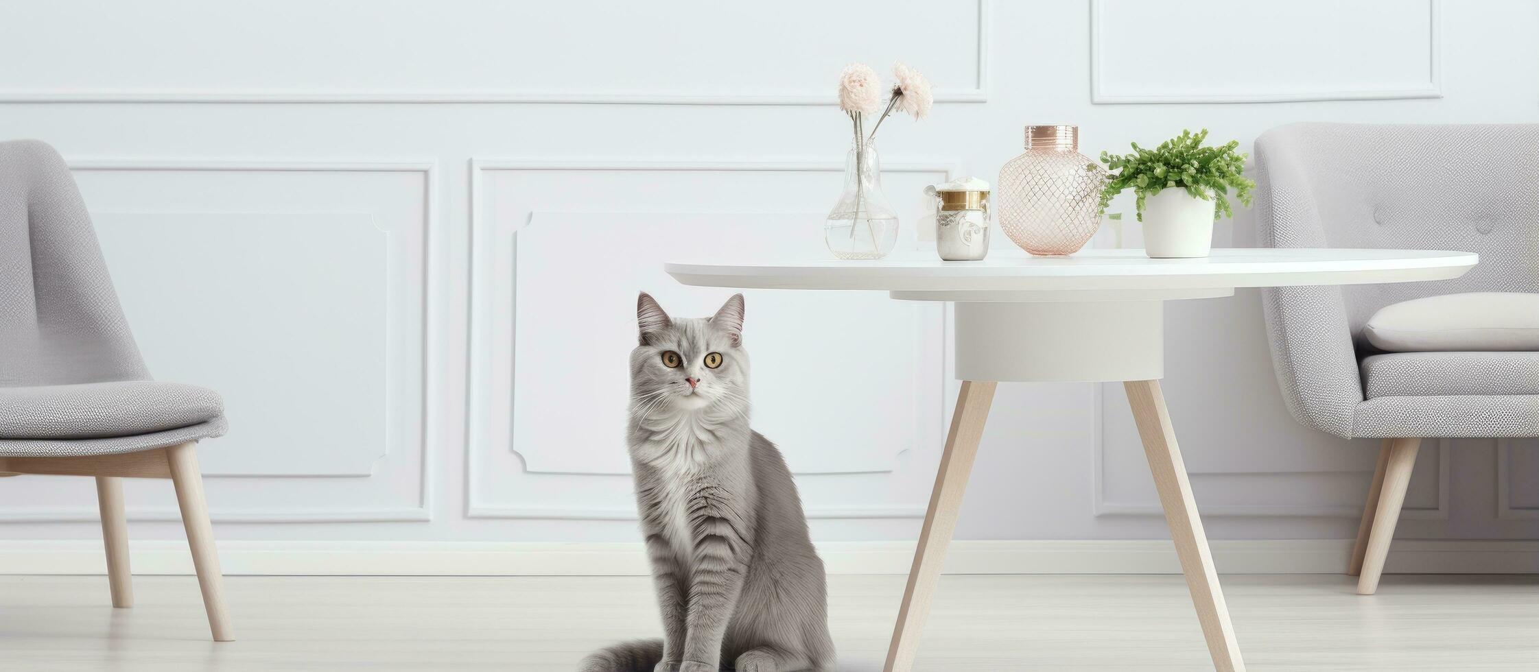 gris gato saltando en blanco silla en elegante vivo habitación con comida zona foto