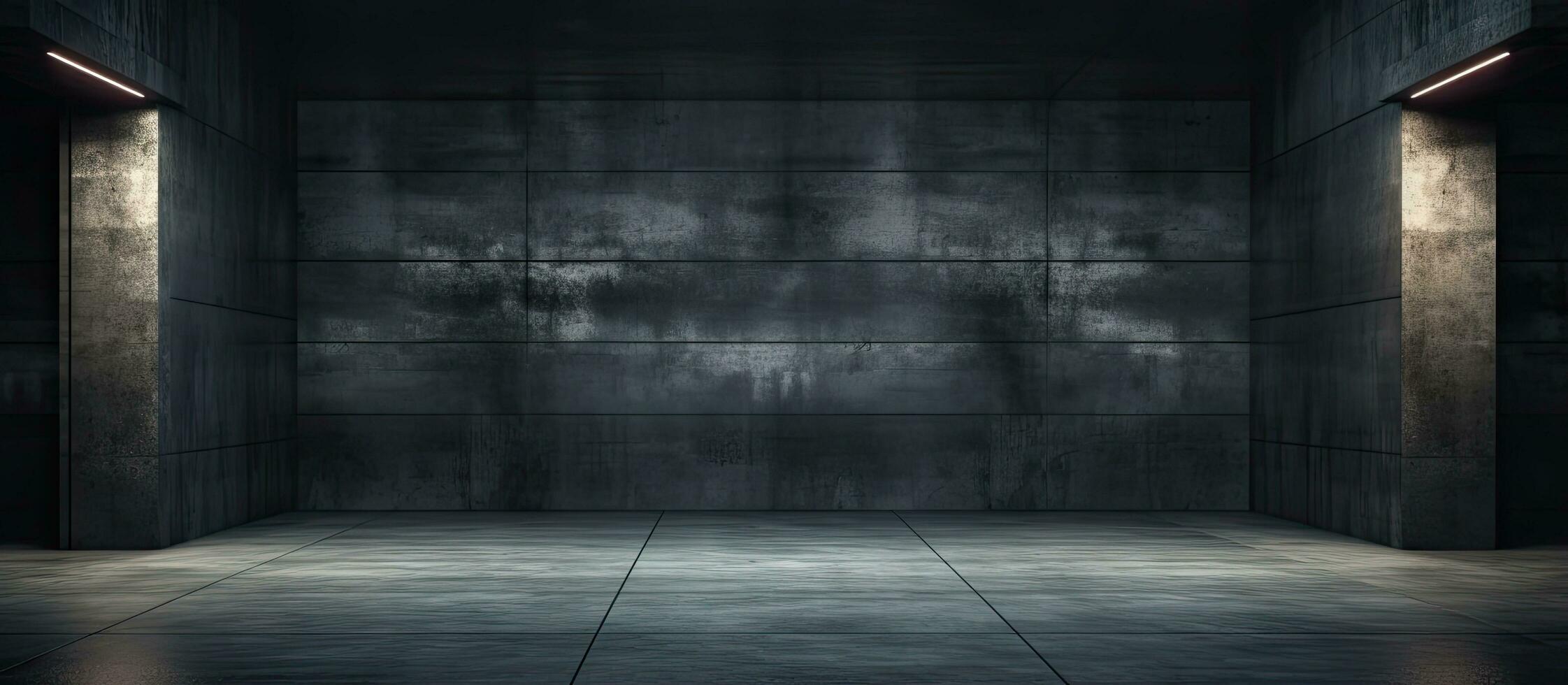 Rendered illustration of a dark abstract concrete room illuminated at night Architectural background photo