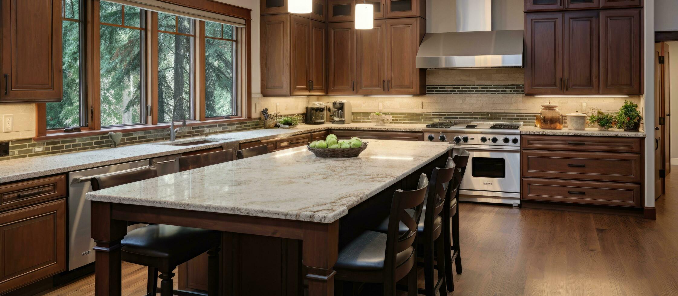 American kitchen interior with brown cabinets granite counter top island and hardwood floor photo