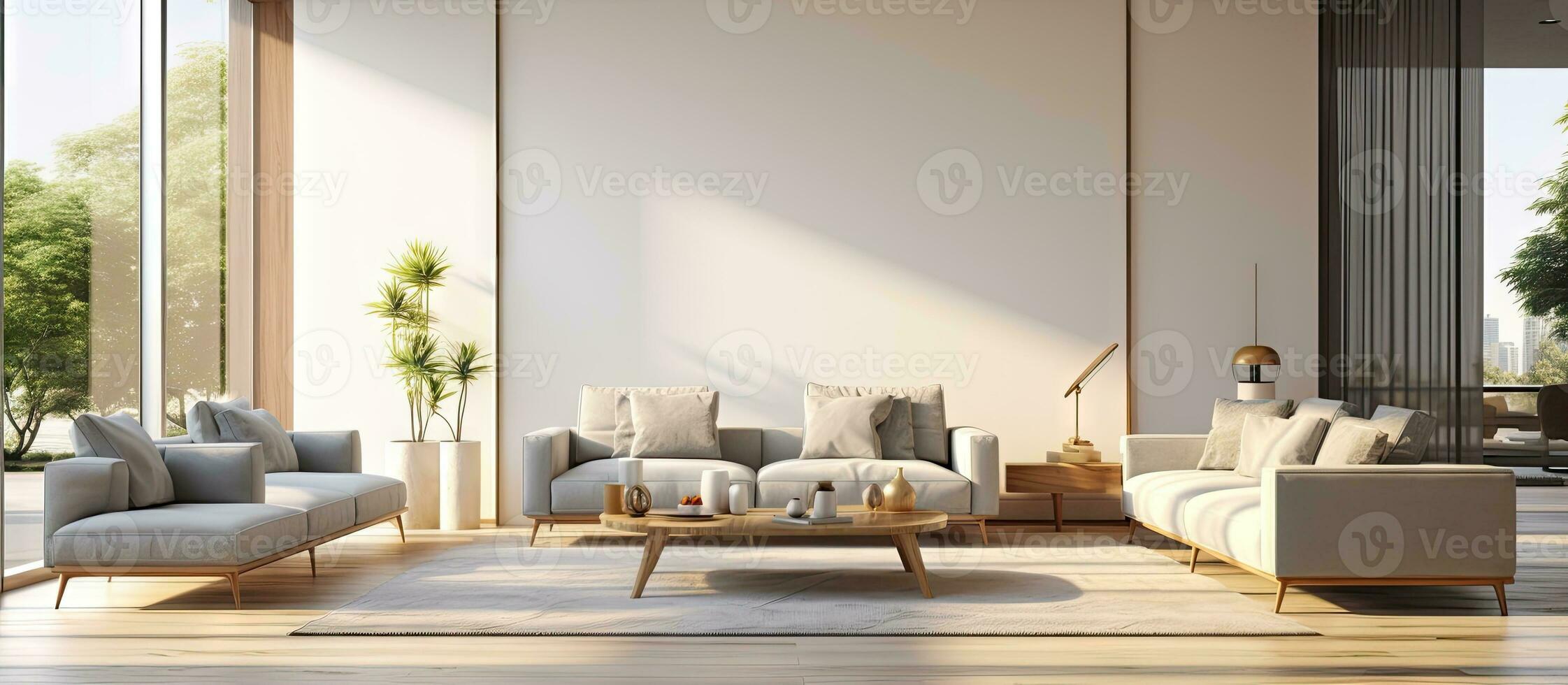 ed computer illustration of a spacious upscale and contemporary living room with bright and modern interiors photo