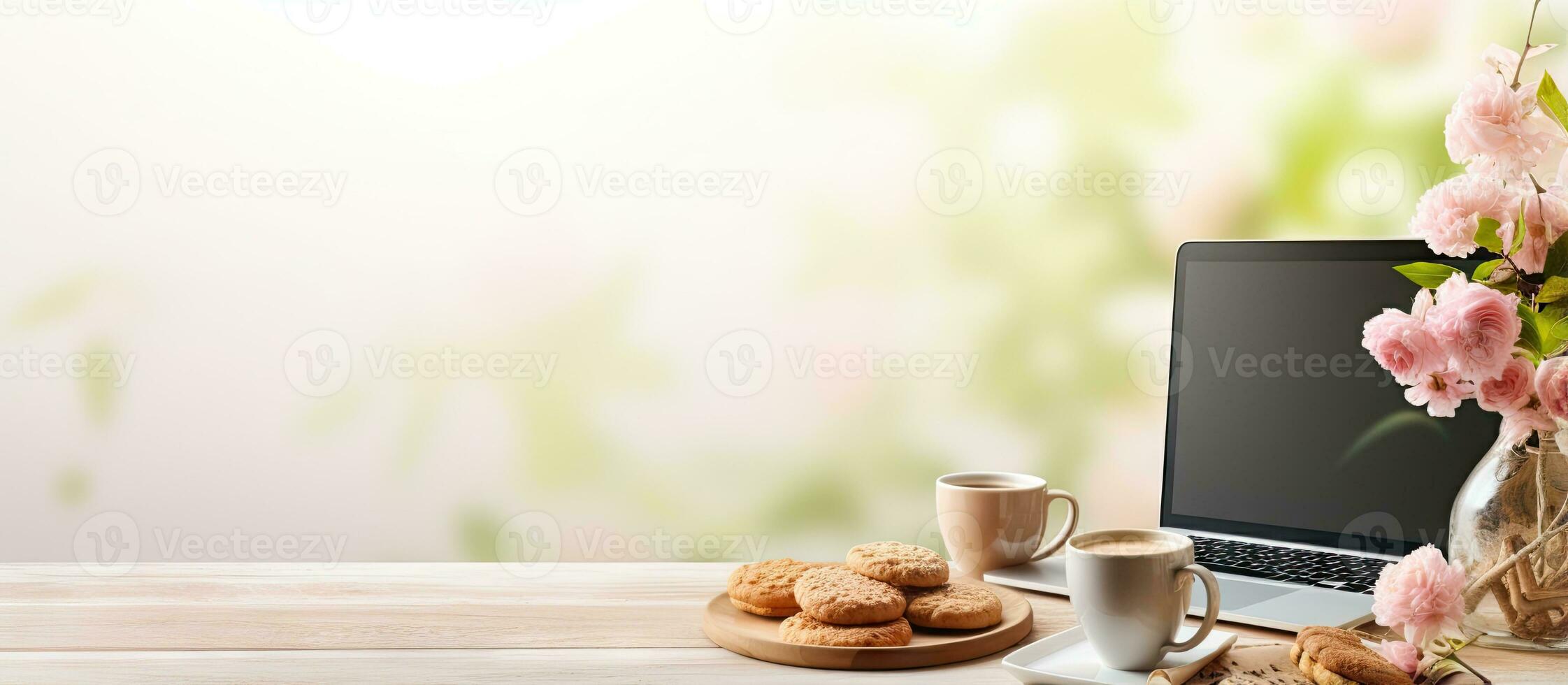 Laptop and notepad on empty table in light home kitchen with coffee and biscuits ready photo