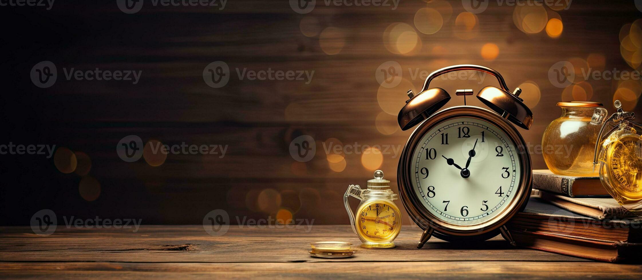 Alarm clock and magnifier on table photo