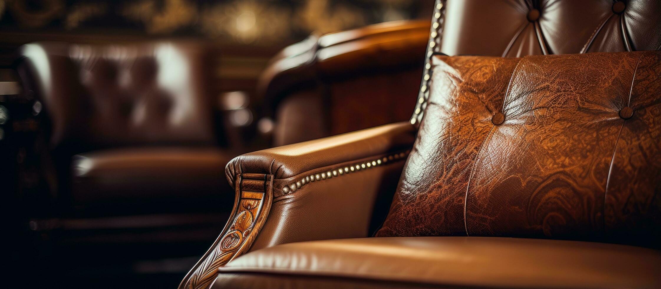 Detail of a camel and brown leather chair photo