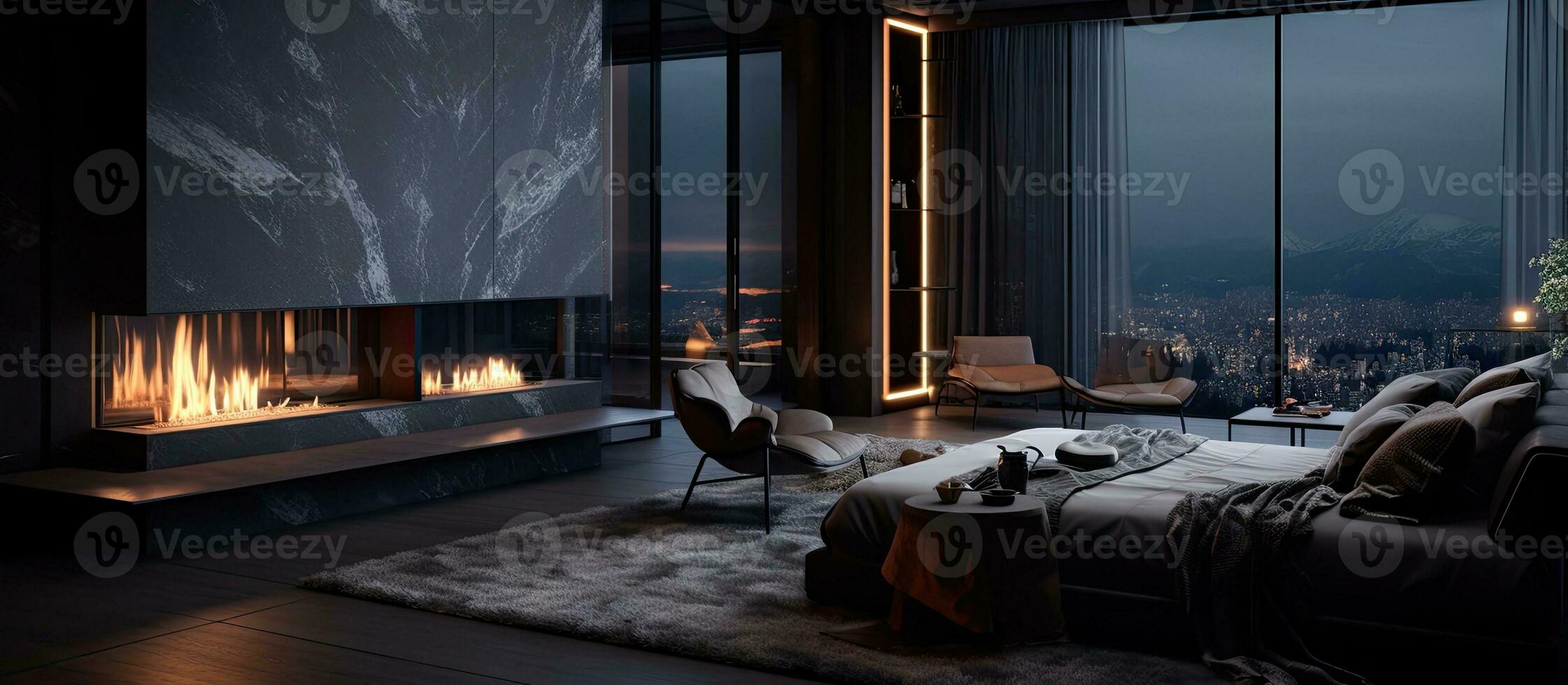 Contemporary man s apartment with stylish decor illuminated walls fireplace and spacious window photo