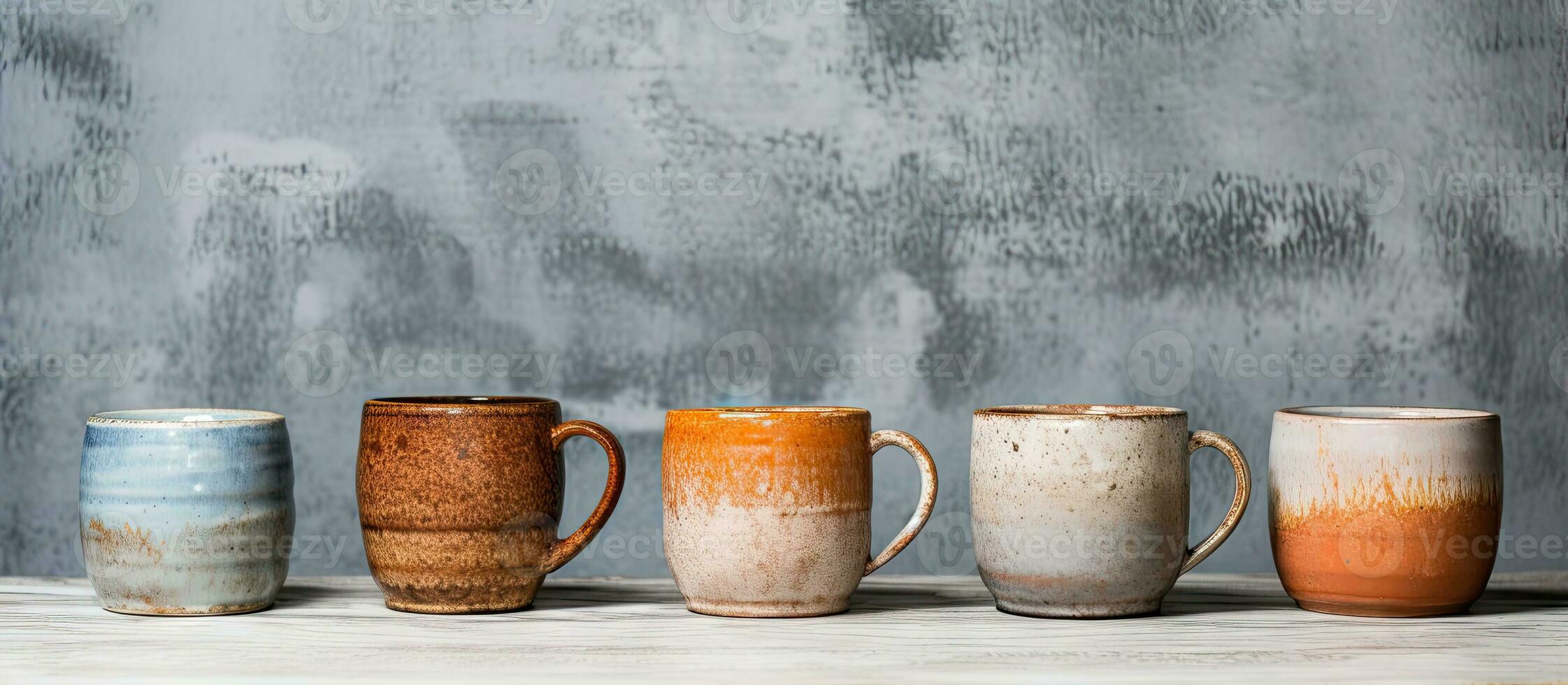 Ceramic mugs arranged on vibrant studio backdrop photo