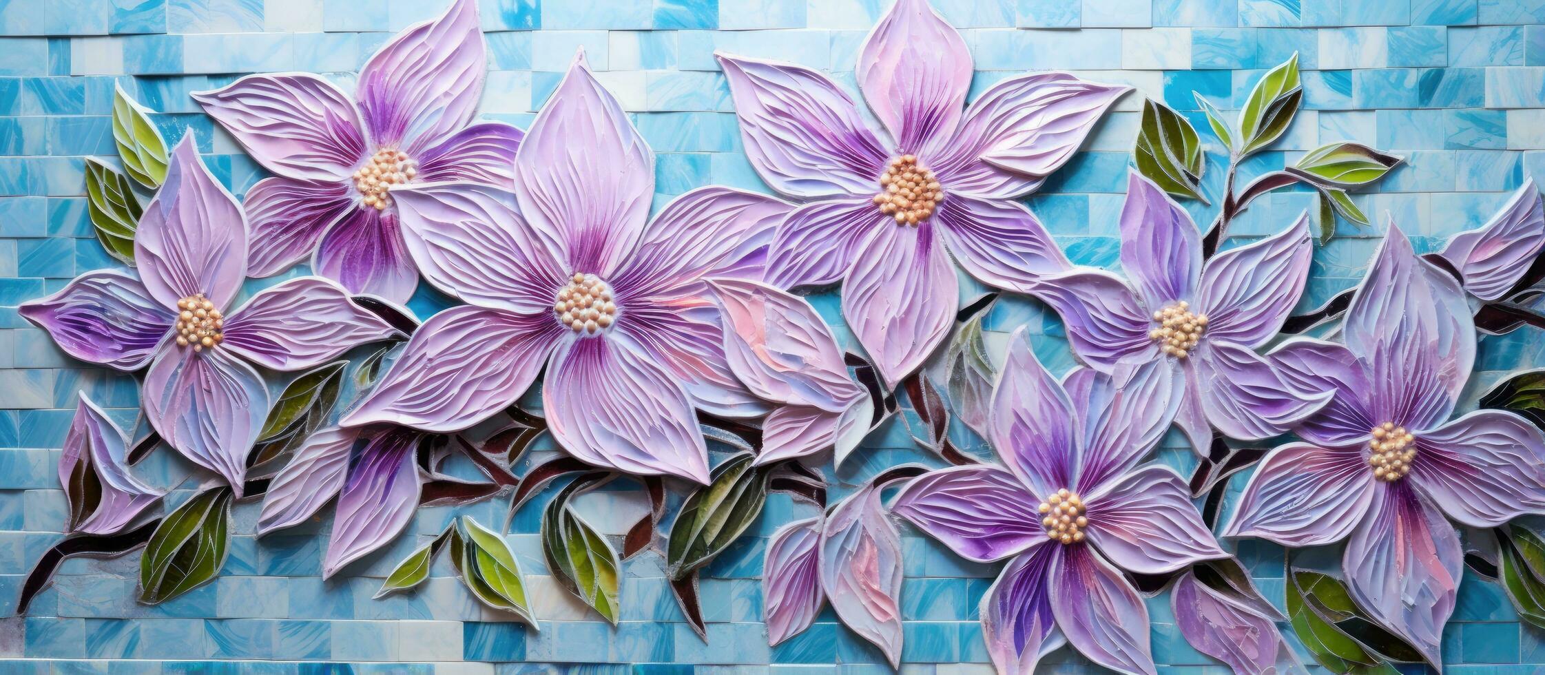 Mosaic clematis flower on handmade tile wall for interior design photo