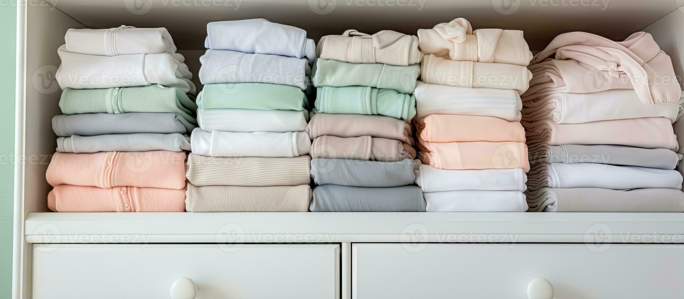 Folded newborn baby clothes stored vertically in a sliding wardrobe inside a neatly organized nursery room photo