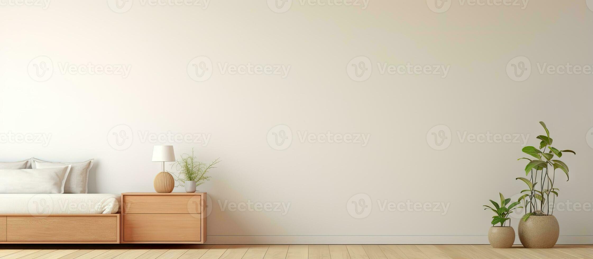 Empty bedroom with bed dresser plant in right corner photo