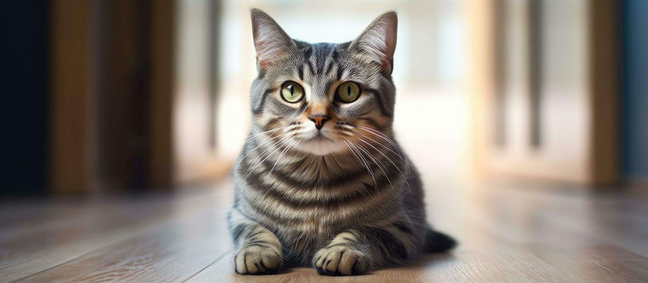 gato sentado en el piso y mirando a el cámara en un hermosa hogar representando Doméstico animales foto