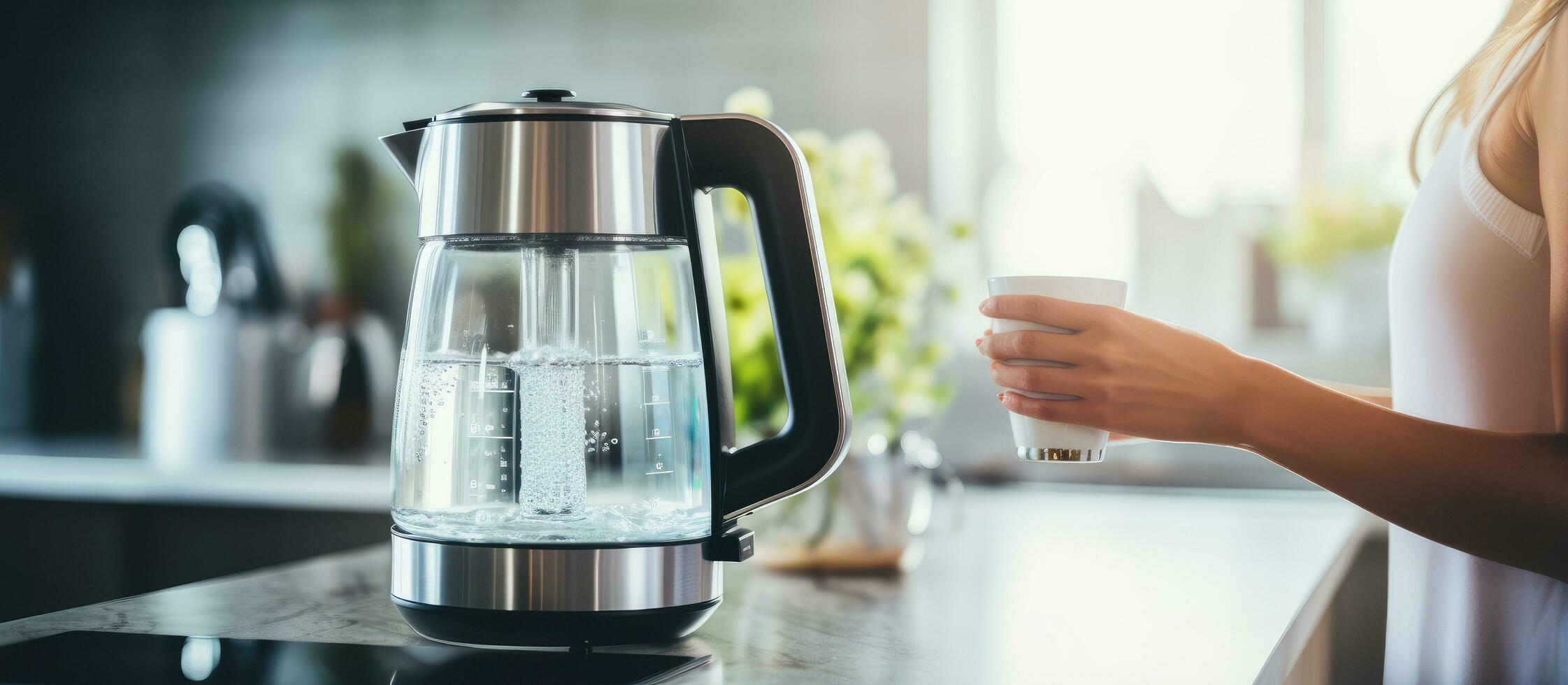 Water filter system in a kitchen with a woman s hand holding a modern electric kettle focused on the on and off button photo