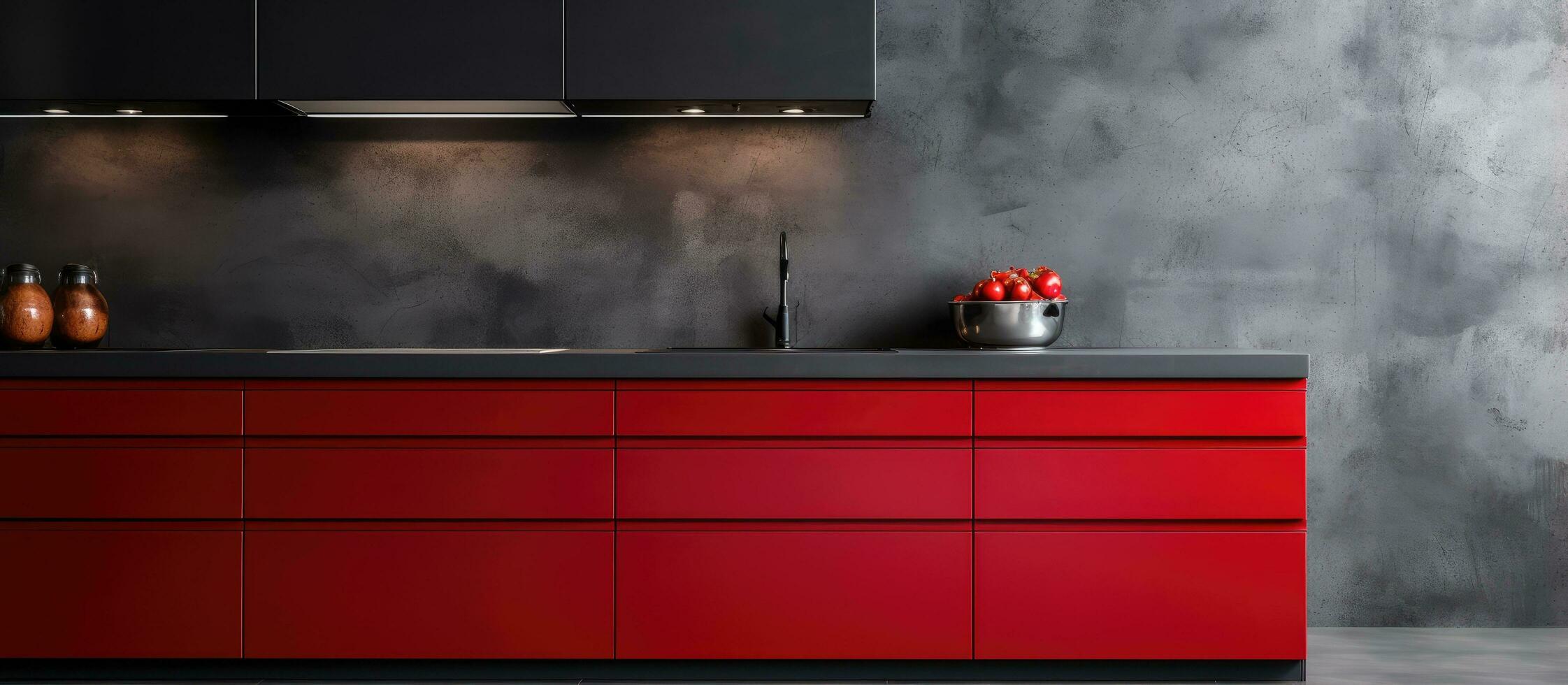 Contemporary kitchen featuring red furniture stainless steel appliances and black slate floors photo