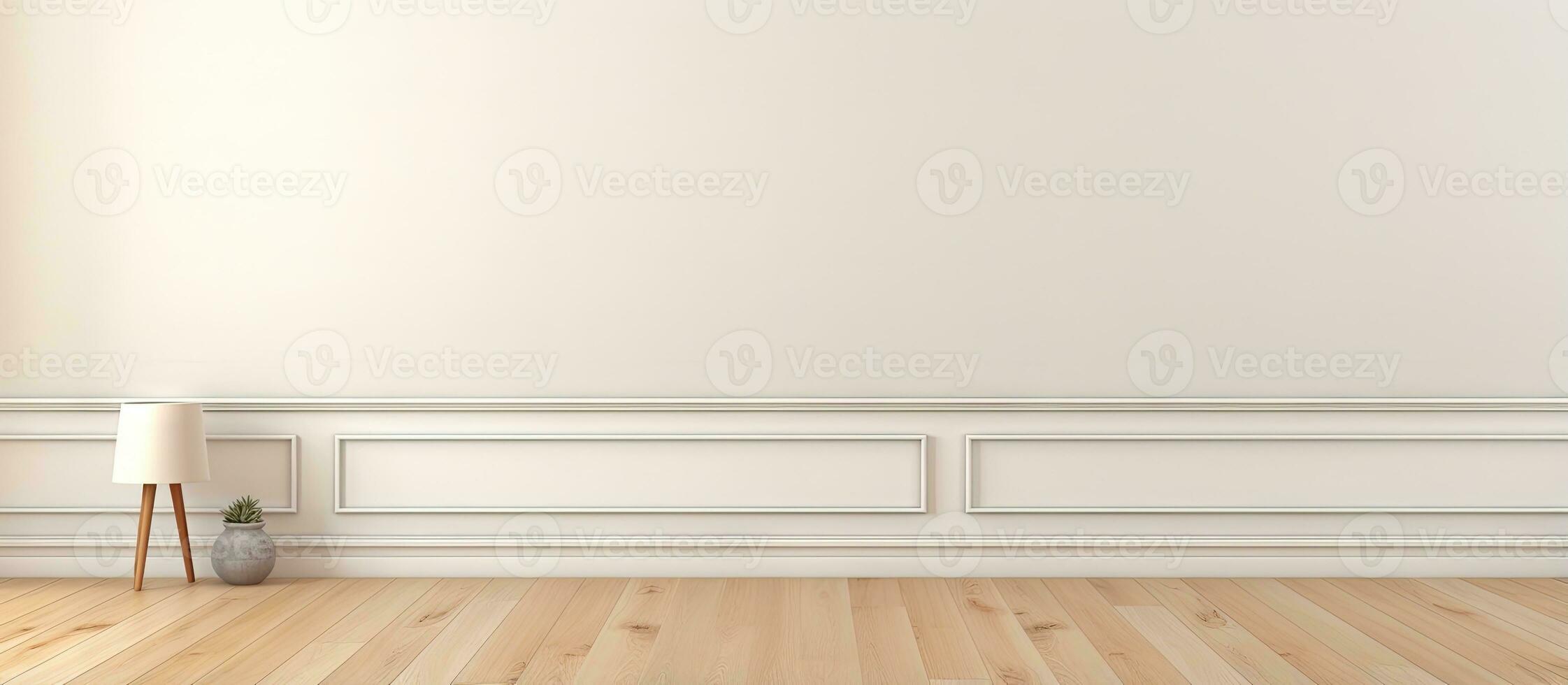 empty living room with vintage oak floor and striped vinyl wallpaper photo