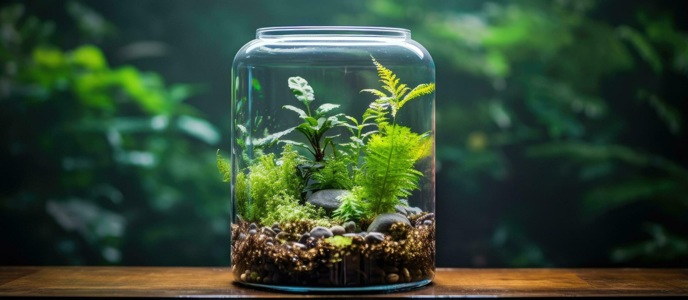 Condensed moisture forms inside a terrarium as photosynthesis creates water vapor which is then absorbed by the soil photo