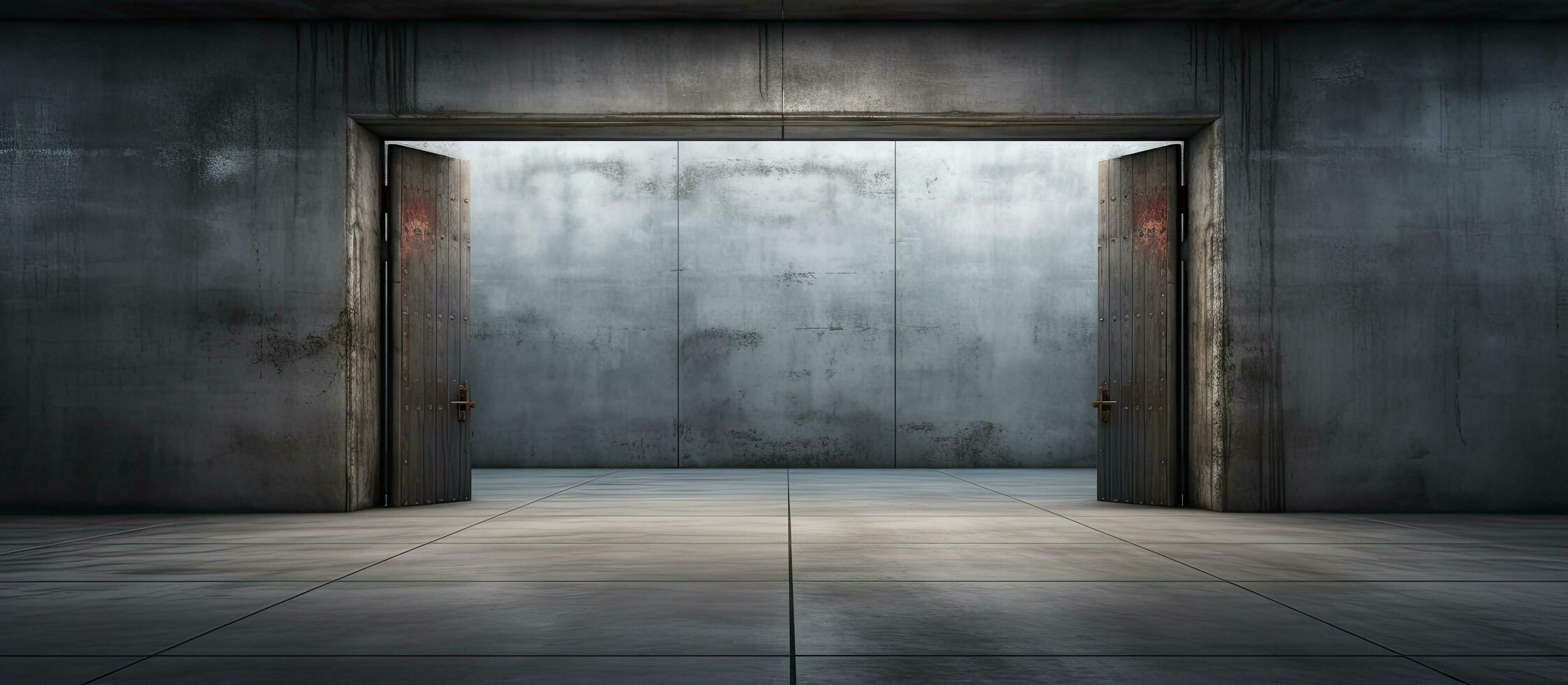 Indoor area with wooden doors concrete walls and an entrance for people photo