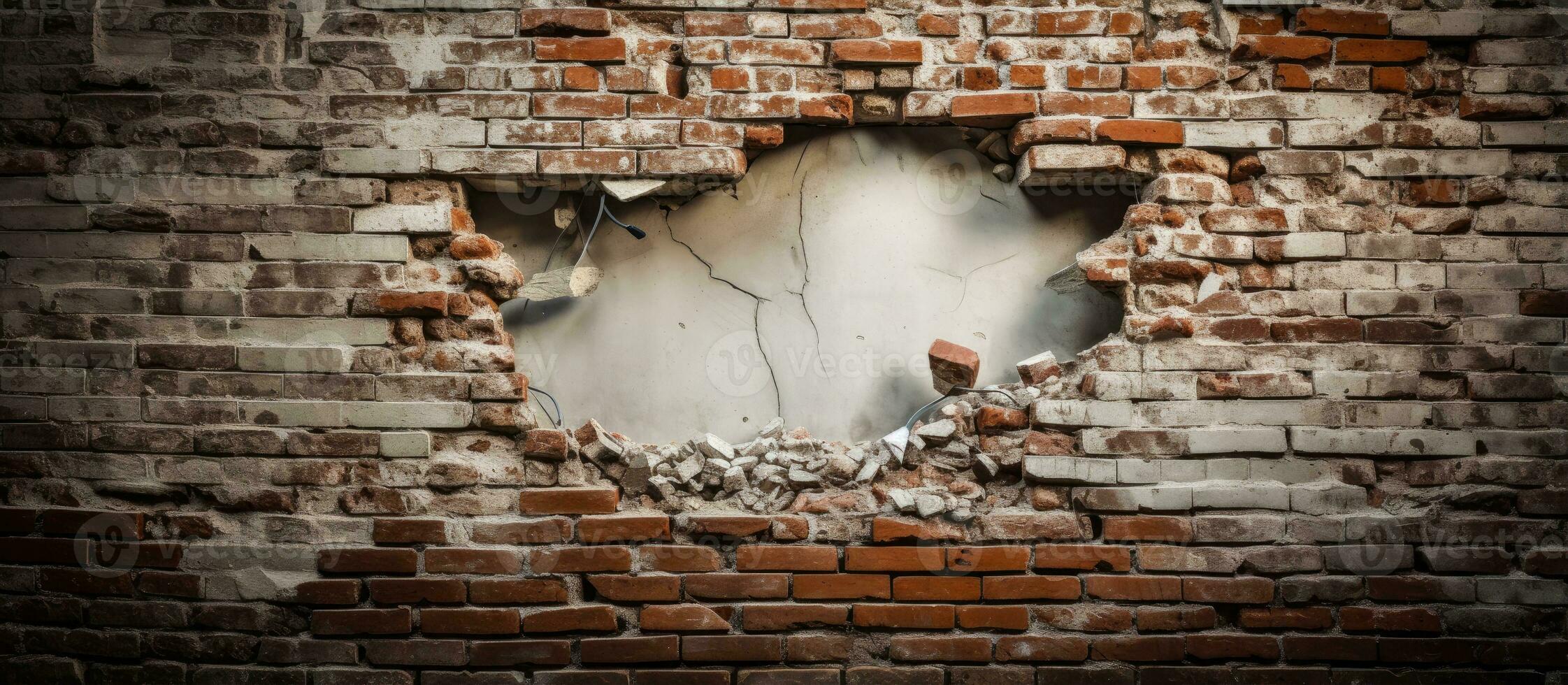 A damaged window amidst bricks photo