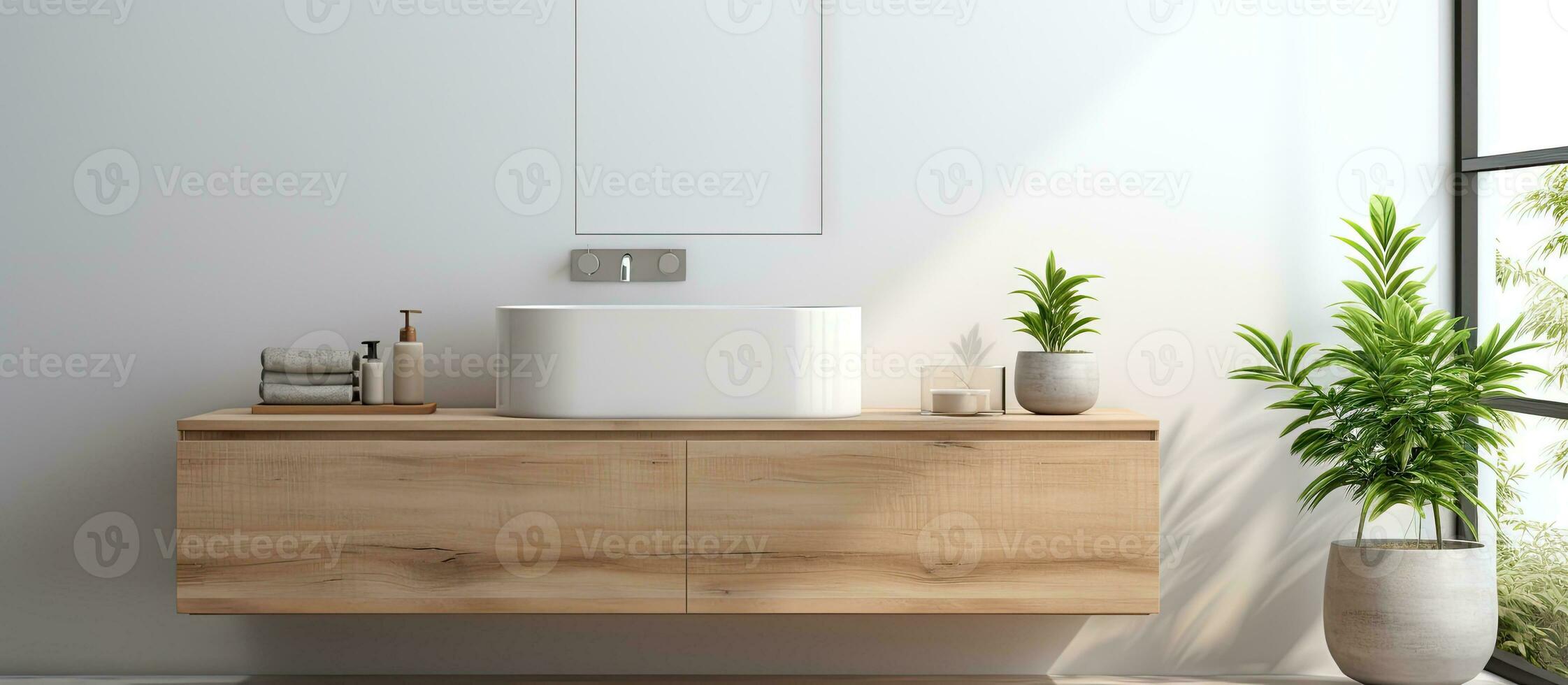 modern bathroom with wooden sink cabinet parquet floor and city view from panoramic window featuring green plant on white wall background photo