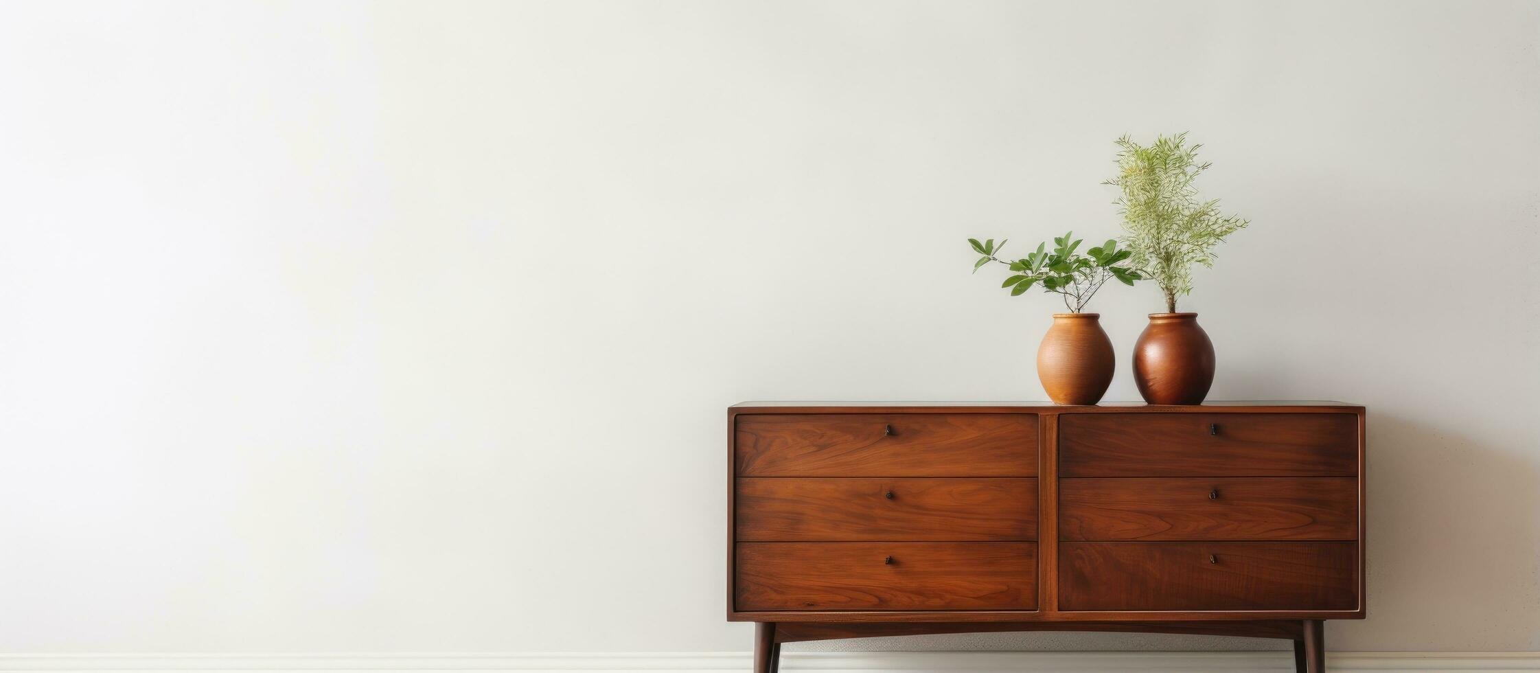 Wooden dresser by white wall inside photo