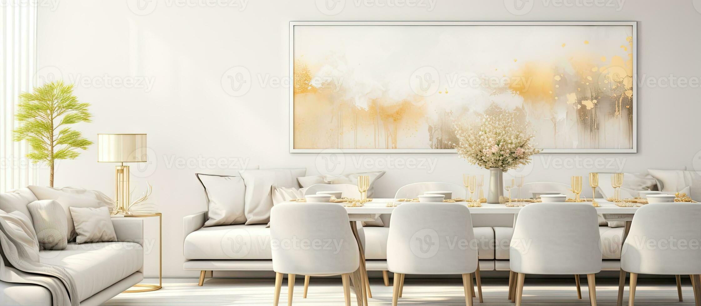 Dining table chairs in bright open space with sofa and gold painting on wall photo