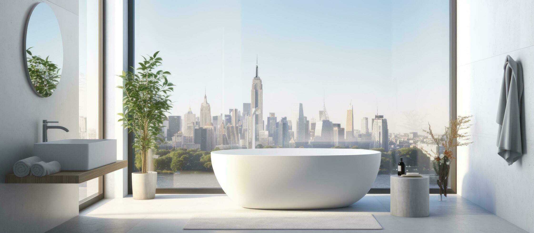 ed bright bathroom with bathtub stool towel shampoo panoramic window city skyscrapers view white walls concrete tile floor photo