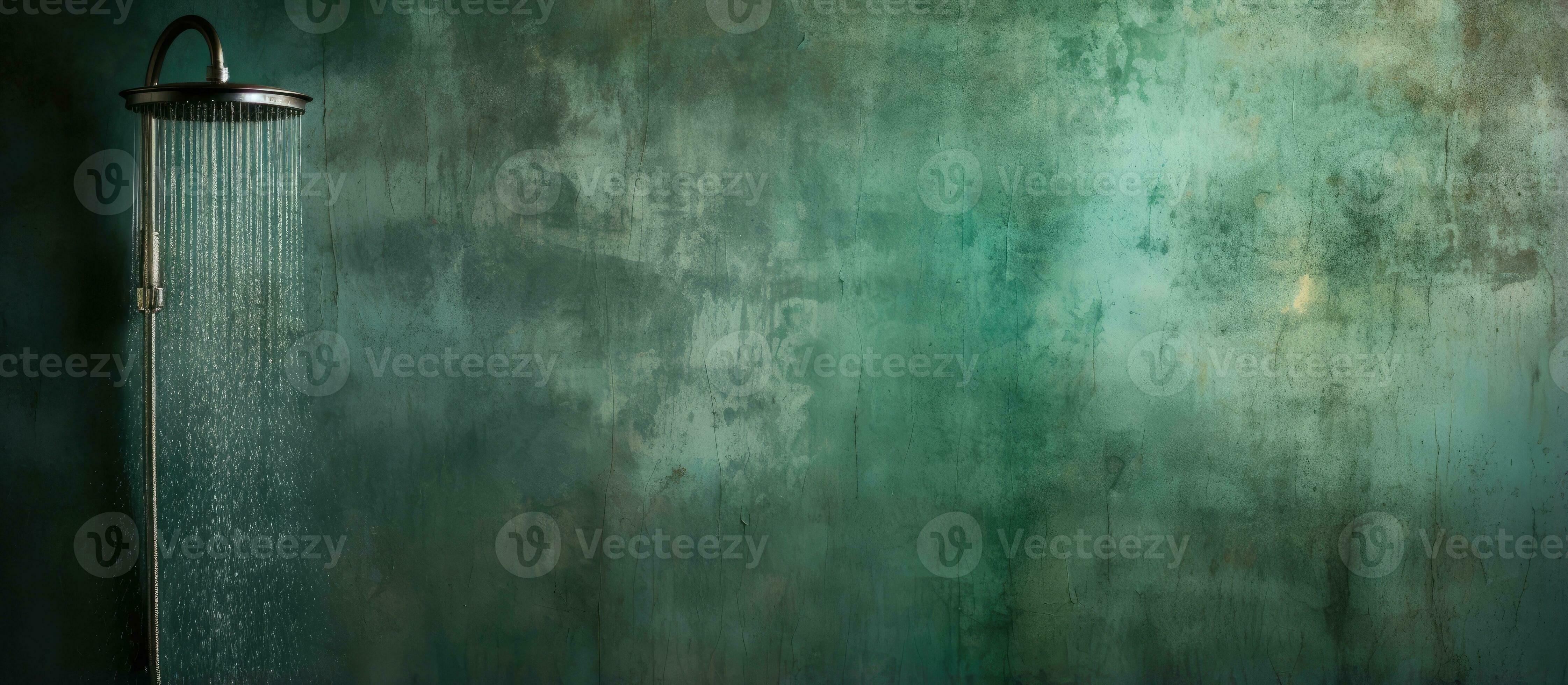 Green rusty grunge bathroom background with water flowing from the shower head 28217884 Stock