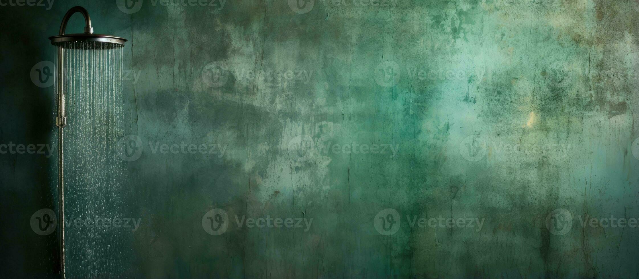 Green rusty grunge bathroom background with water flowing from the shower head photo