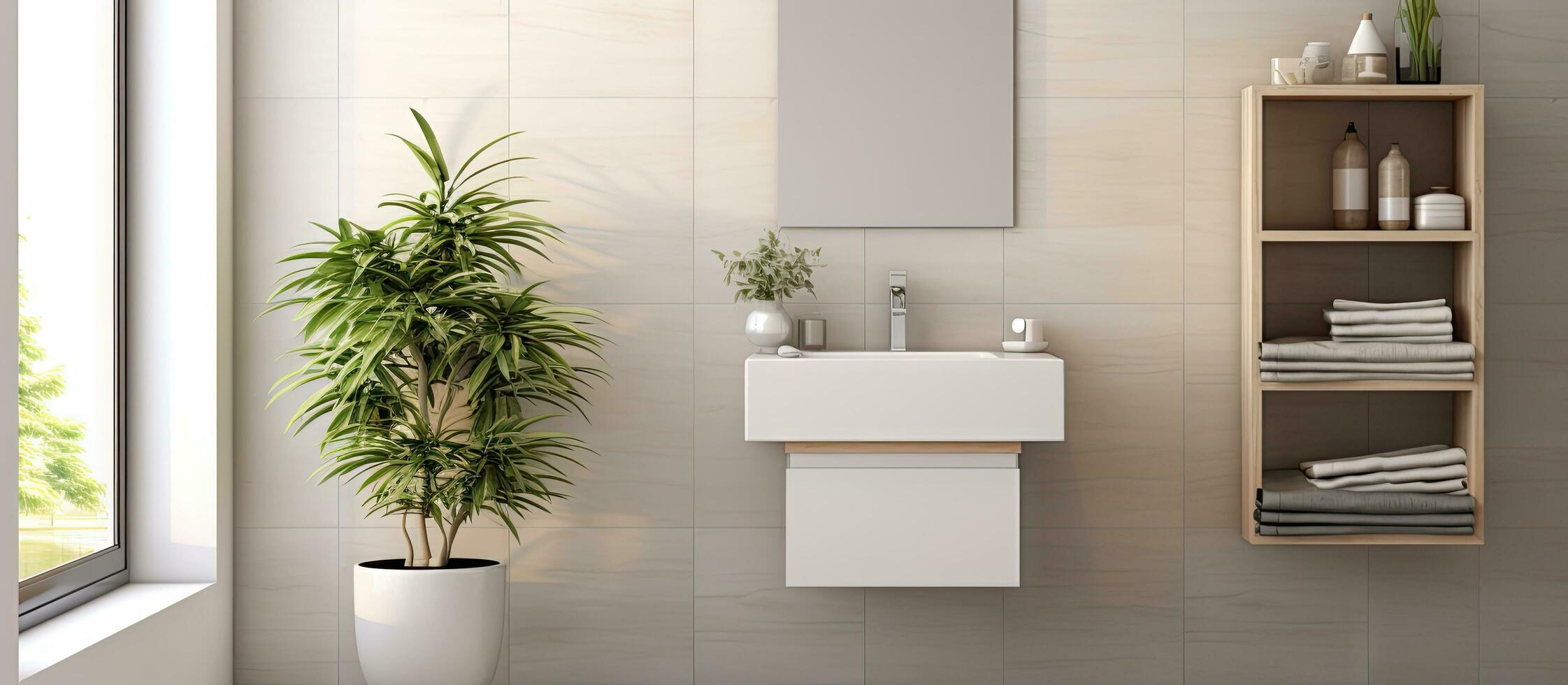 Toilet placed in stylish light bathroom with white sink photo